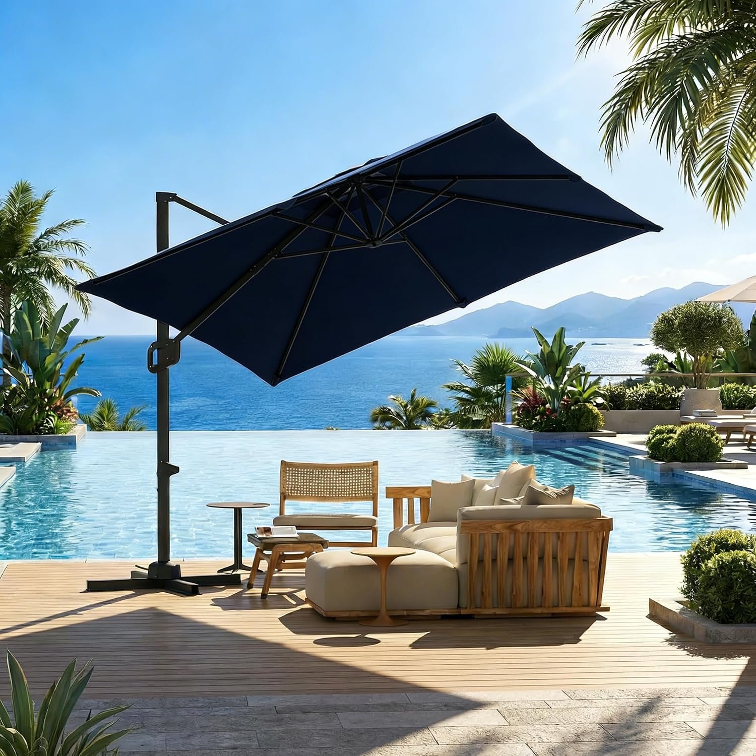 GarveeLife Large Cantilever Patio Umbrella, 10 ft X 10 ft Heavy Duty Aluminum Cantilever Offset Outdoor Umbrella with 360-Degree Rotation for Backyard, Deck, Pool (Navy Blue)