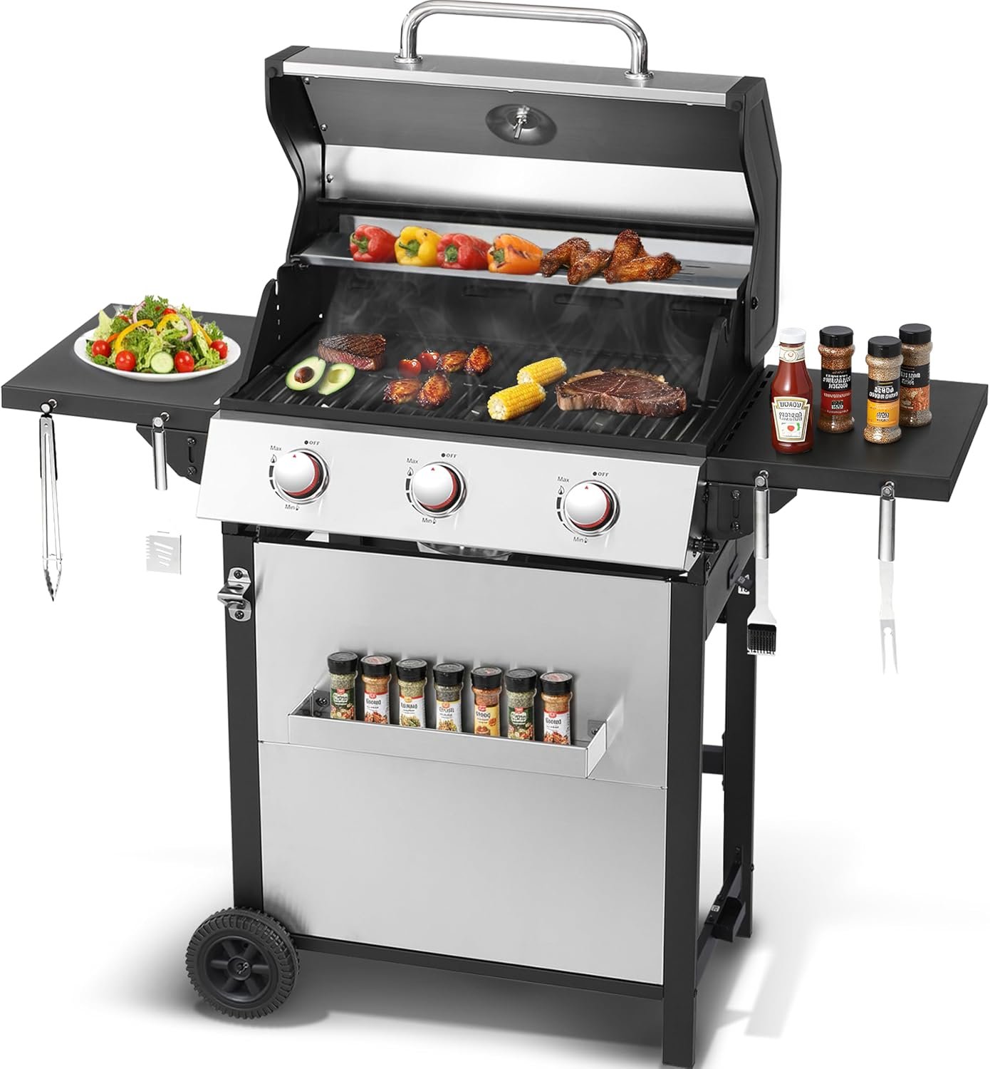 Propane Gas BBQ Grill, Upgraded 30,000 BTU Stainless Steel Barbecue Grill with Foldable Side Tables, Spice Rack & Wheels for Outdoor Cooking (3 Burner grill)