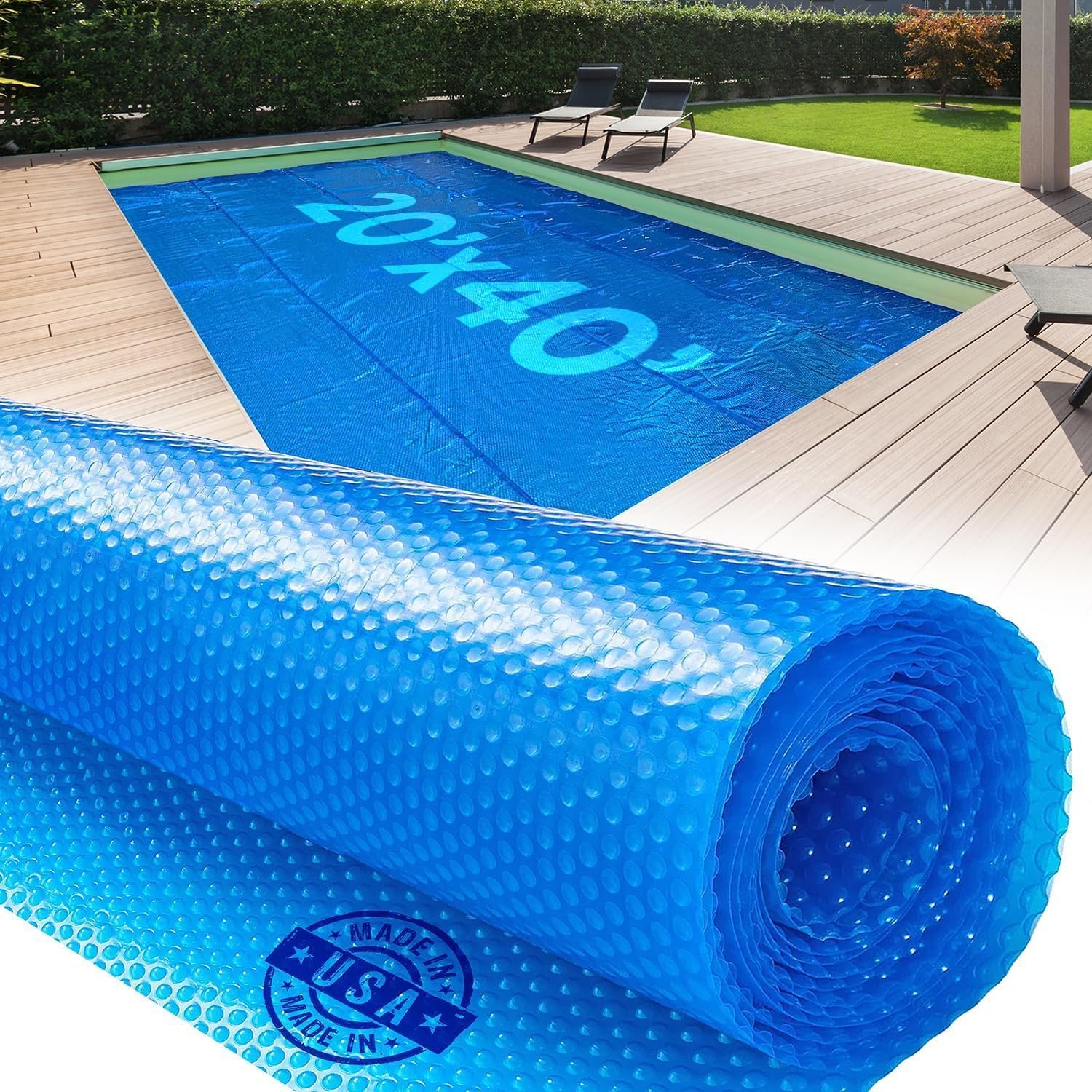 20′ x 40′ Rectangle Solar Cover for Inground and Above Ground Pools, 12 Mil – Premium Heavy Duty Solar Blanket for Above Ground Pool, Blue – Made in USA