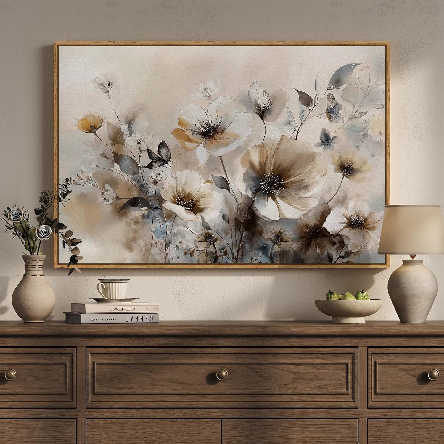 Framed Neutral Floral Wall Art, Vintage Beige Botanical Flower Canvas Artwork for Modern Farmhouse Walls, Rustic Watercolor Painting Prints for Living Room Bedroom Kitchen Dining Room, 24×36 Inch