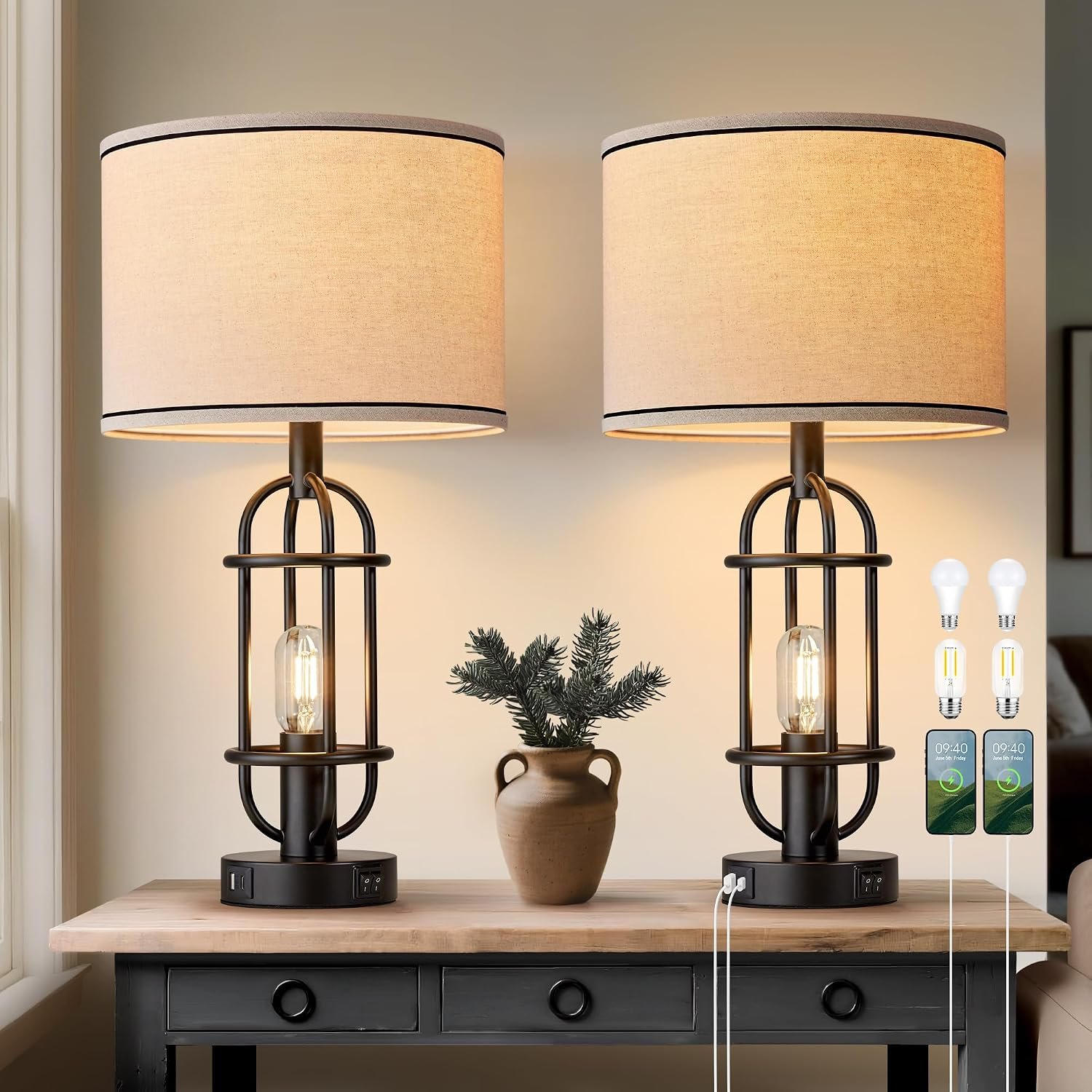 Reaketon Black Table Lamps for Living Room Set of 2, 22.3″ Farmhouse Lamps for Nightstand, Industrial Table Lamps for Bedroom with USB Ports, Bulbs Included