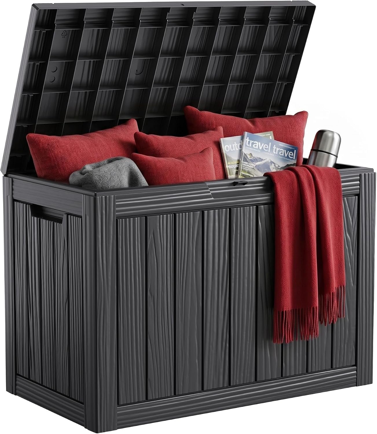 55 Gal Outdoor Storage Box Waterproof Lockable Deck Box | UV-resistant PP+Durable Resin, 300lb seat capacity, tool-free assembly, fits 3 patio cushions, garden tools, pool accessories