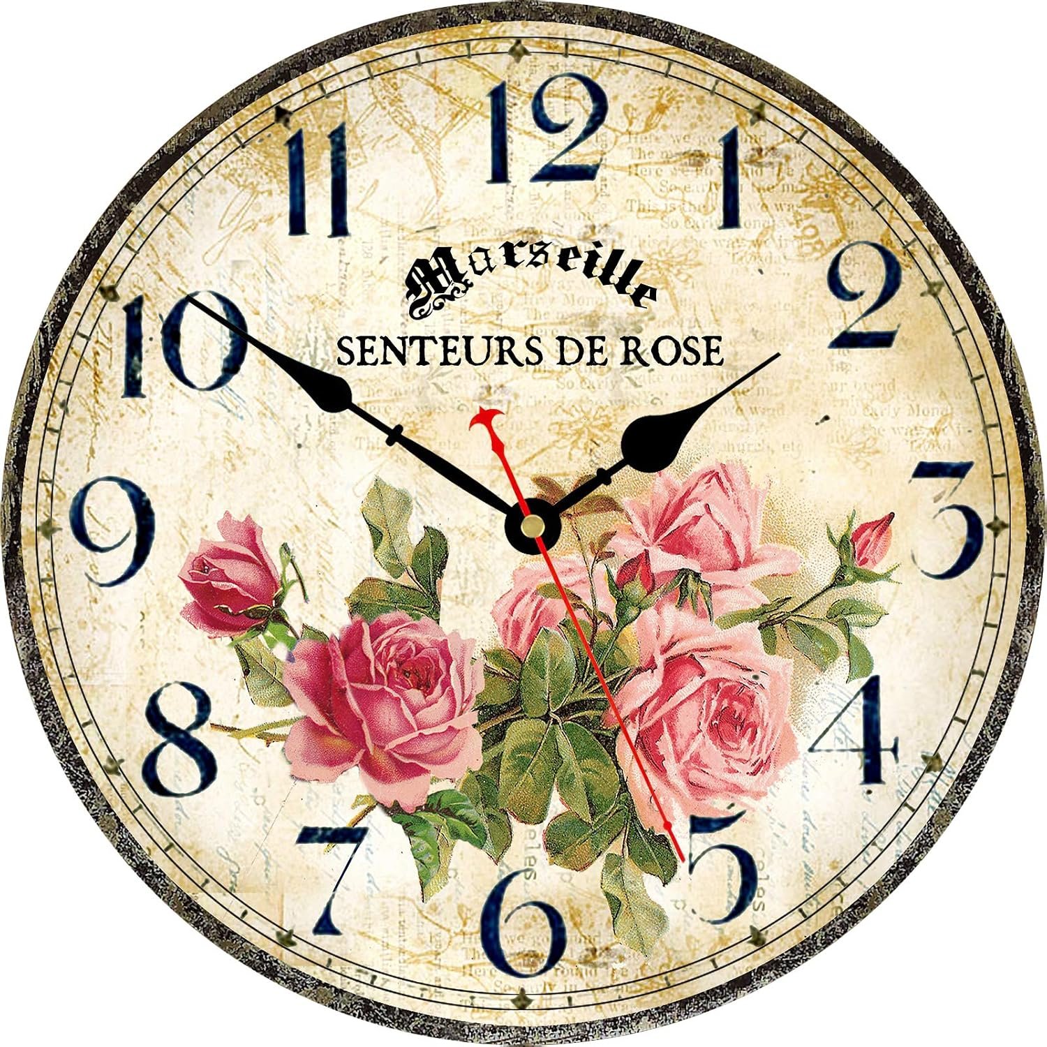 14in Vintage Pink Rose Wooden Wall Clock Decorative for Kitchen Home Decor | Home Silent Non-Ticking Quartz Movement Round Battery Operated Indoor French Floral Clock