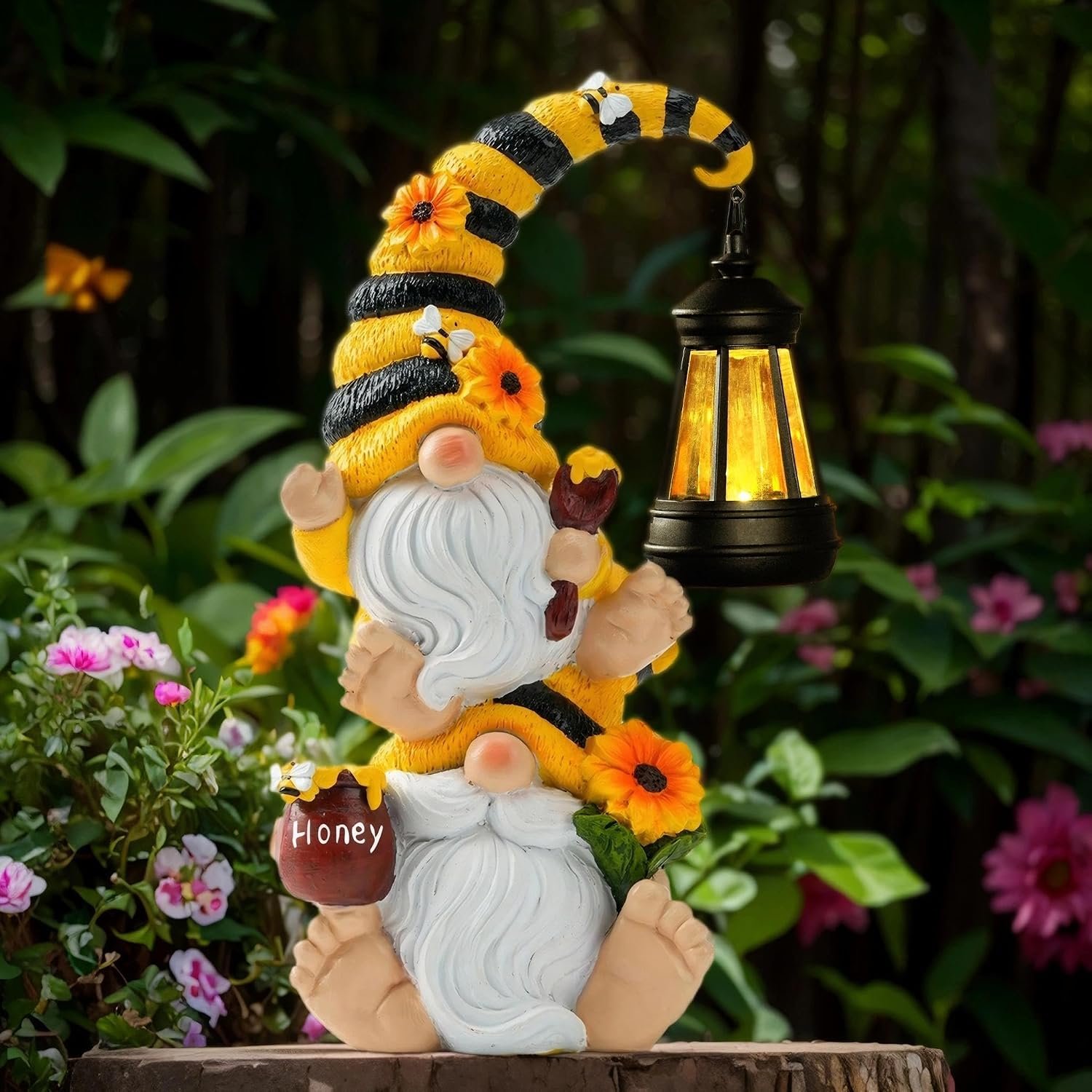 Solar Bee Garden Gnomes with LED Lantern, 12.2-Inch Outdoor Statue | Weather-resistant resin decor for yard, patio, lawn, porch, balcony; gift for women, moms, grandmas, bee and gnome lovers