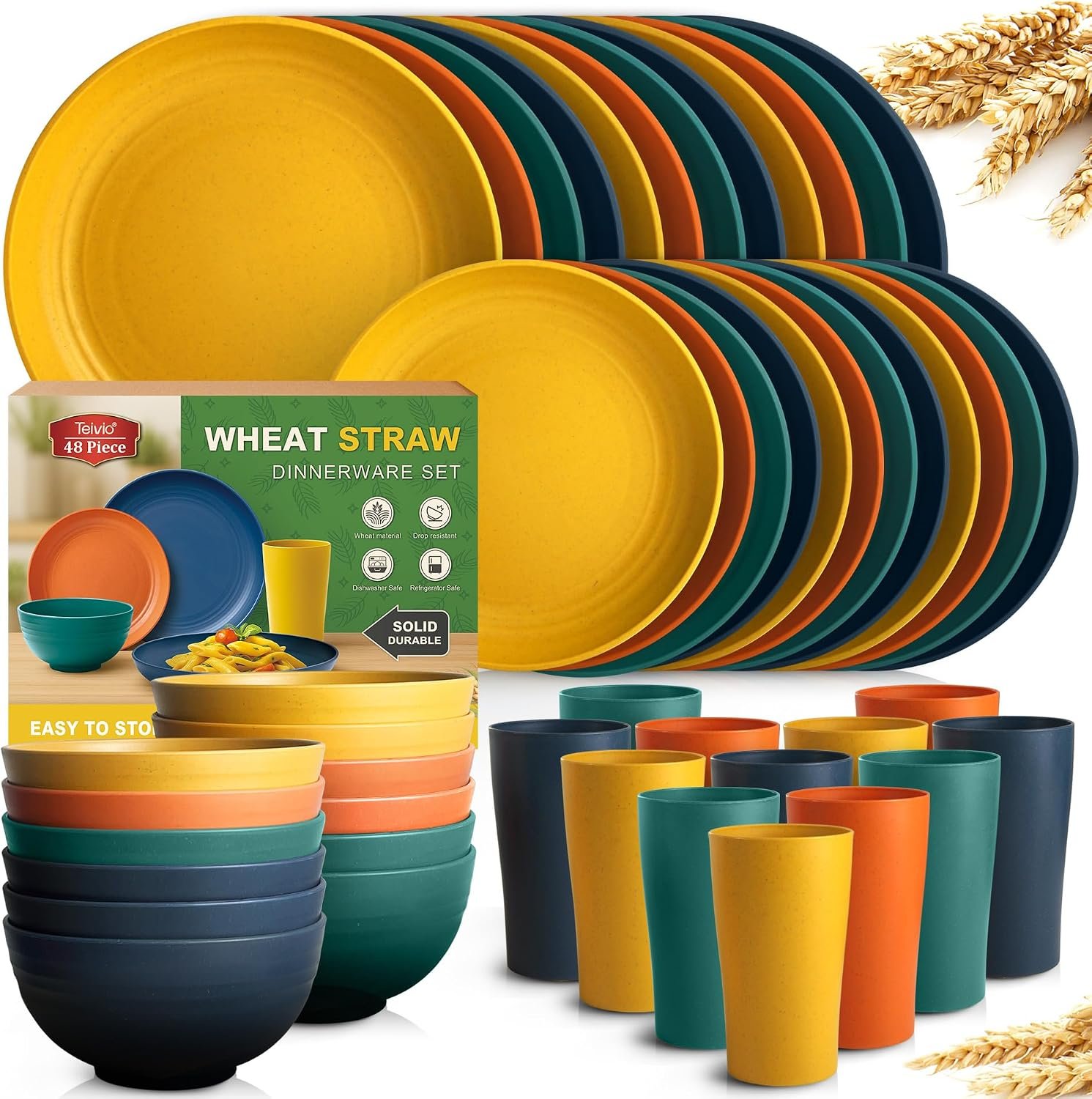 Teivio 48-Piece Kitchen Wheat Straw Dinnerware Set, Service for 12, Dinner Plates, Dessert Plate, Cereal Bowls, Cups, Unbreakable Colorful Plastic Outdoor Camping Dishes, Autumn Multicolor