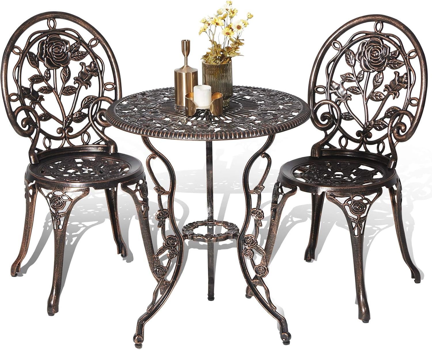 HOMEFUN Bistro Table and Chairs Set of 2 Outdoor 3 Piece Patio Set, Rose Pattern Cast Aluminum Bistro for Garden Balcony, Durable Rust All-Weather Resistance, Rose Bronze