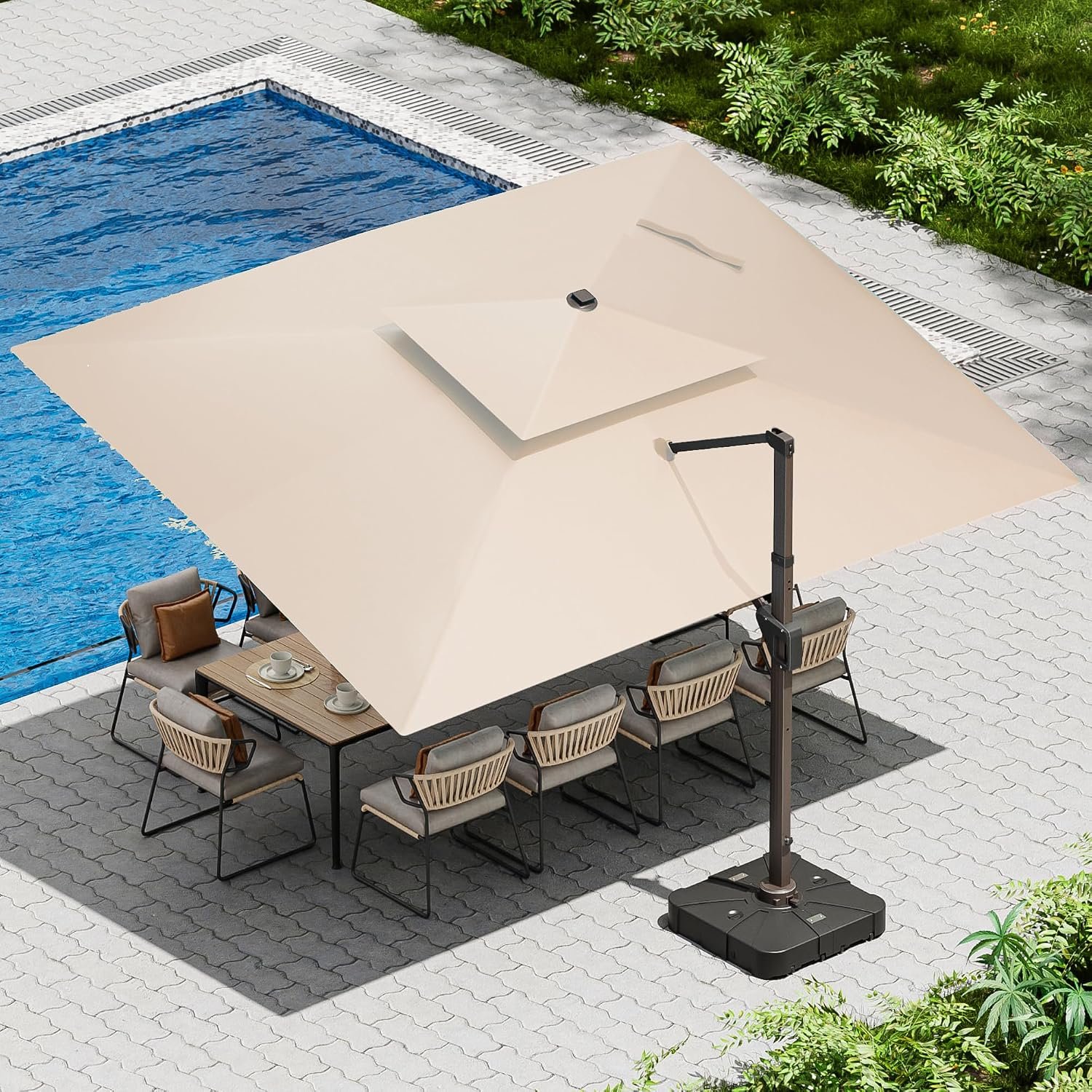 10 X 13 FT Cantilever Patio Umbrella Outdoor with Lights & Base | Weighted Base Included, Aluminum Frame, Waterproof Fabric, 360 Degree Rotation, 7-tilt, for Pool Deck Backyard, Beige
