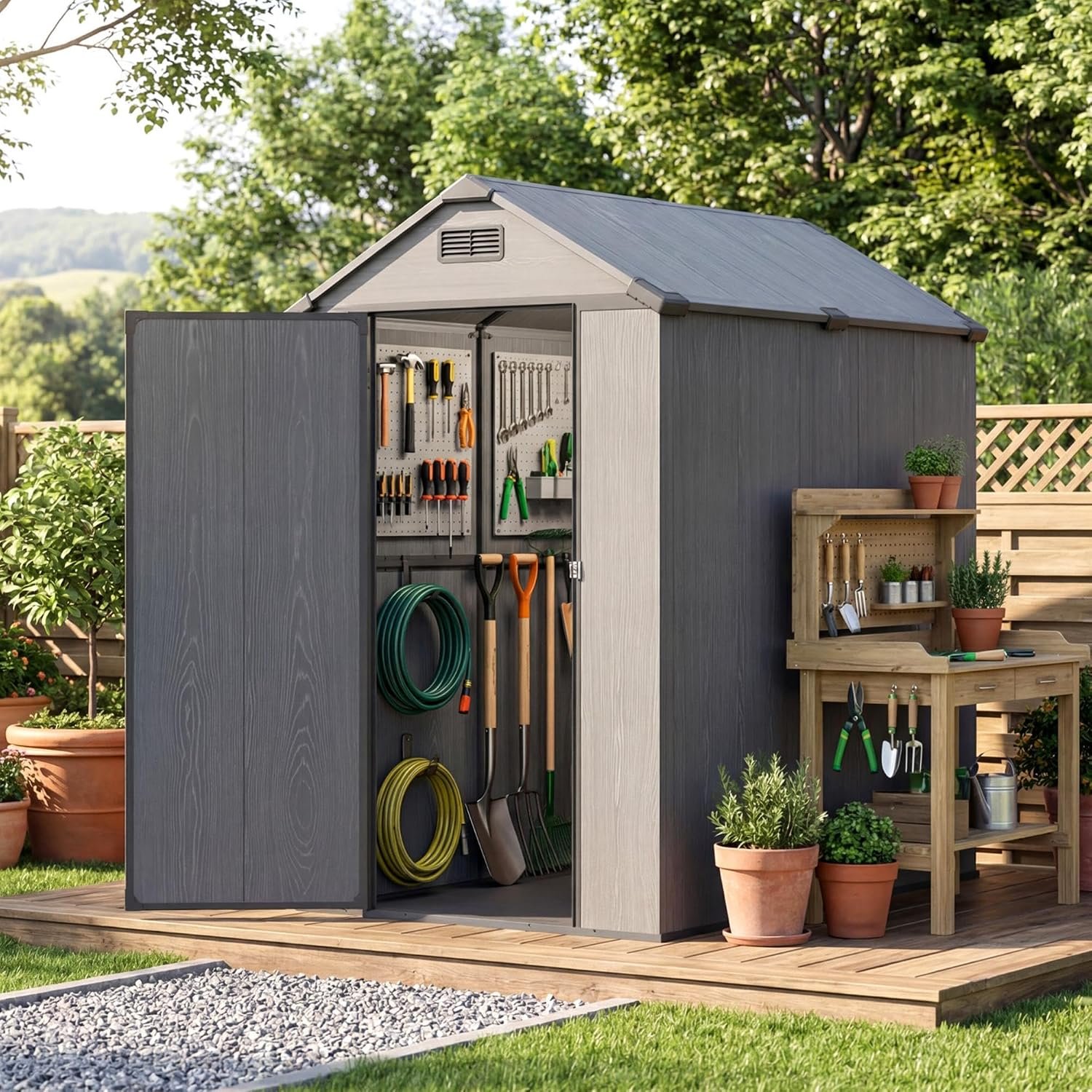 Devoko 4×6 FT Resin Outdoor Storage Shed with Floor, Outdoor Plastic Shed with Lockable Door, Sloped Roof & Vent, Versatile Tool Shed for Patio Lawn Backyard, Deep Grey