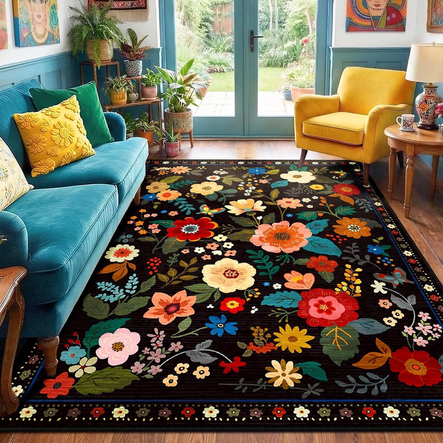 RELEANY Floral Washable 5×7 Area Rugs for Living Room Black | RELEANY Flower Carpet Print Boho Cute Non Slip Low Pile Bedroom Kitchen Office Entryway Hallway Entrance Farmhouse