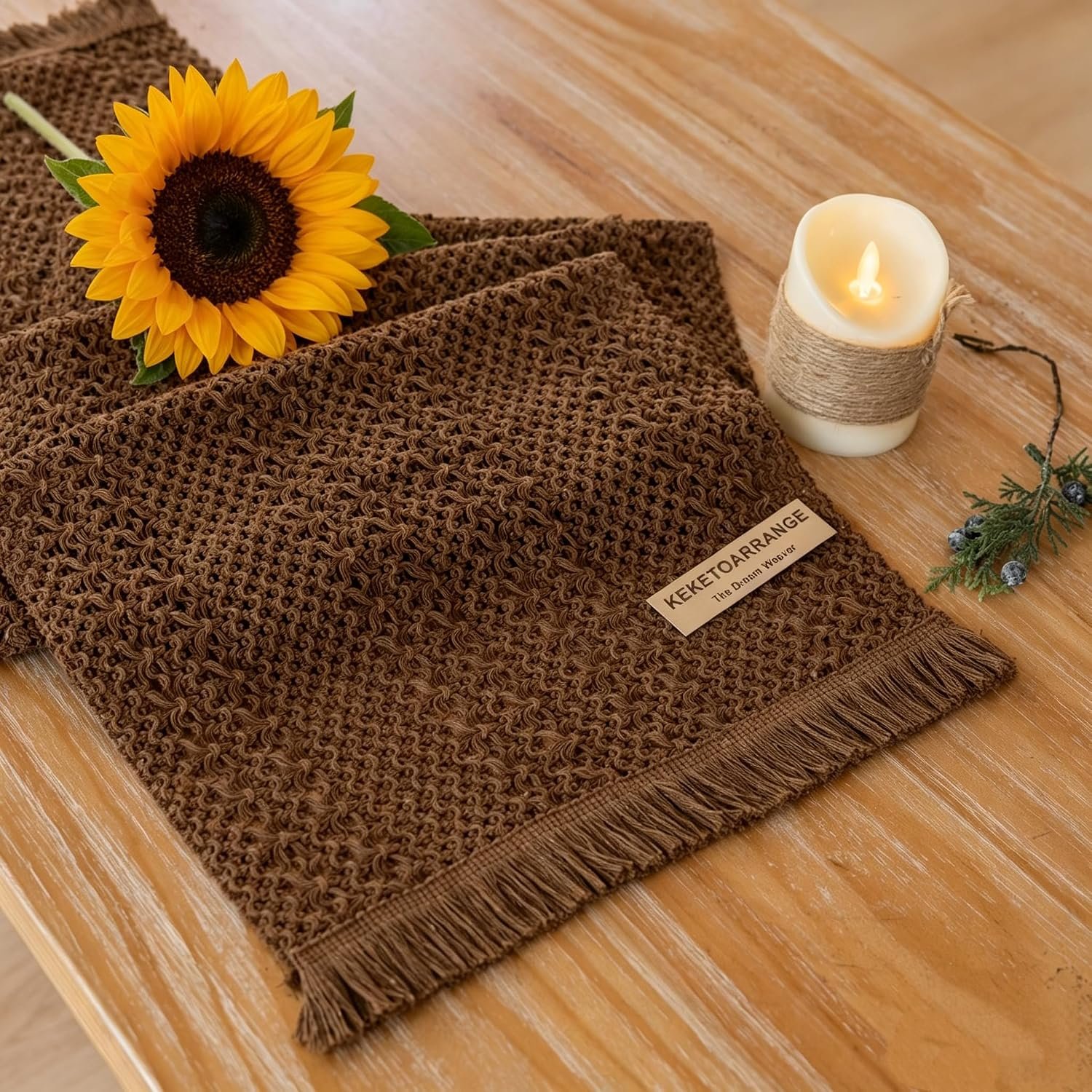Fall Thanksgiving Boho Macrame Brown Table Runner 13×72 Inch | Woven Burlap Rustic Runner | Ideal for Coffee Table, Dresser & Dining Room | Brown Bohemian Decor