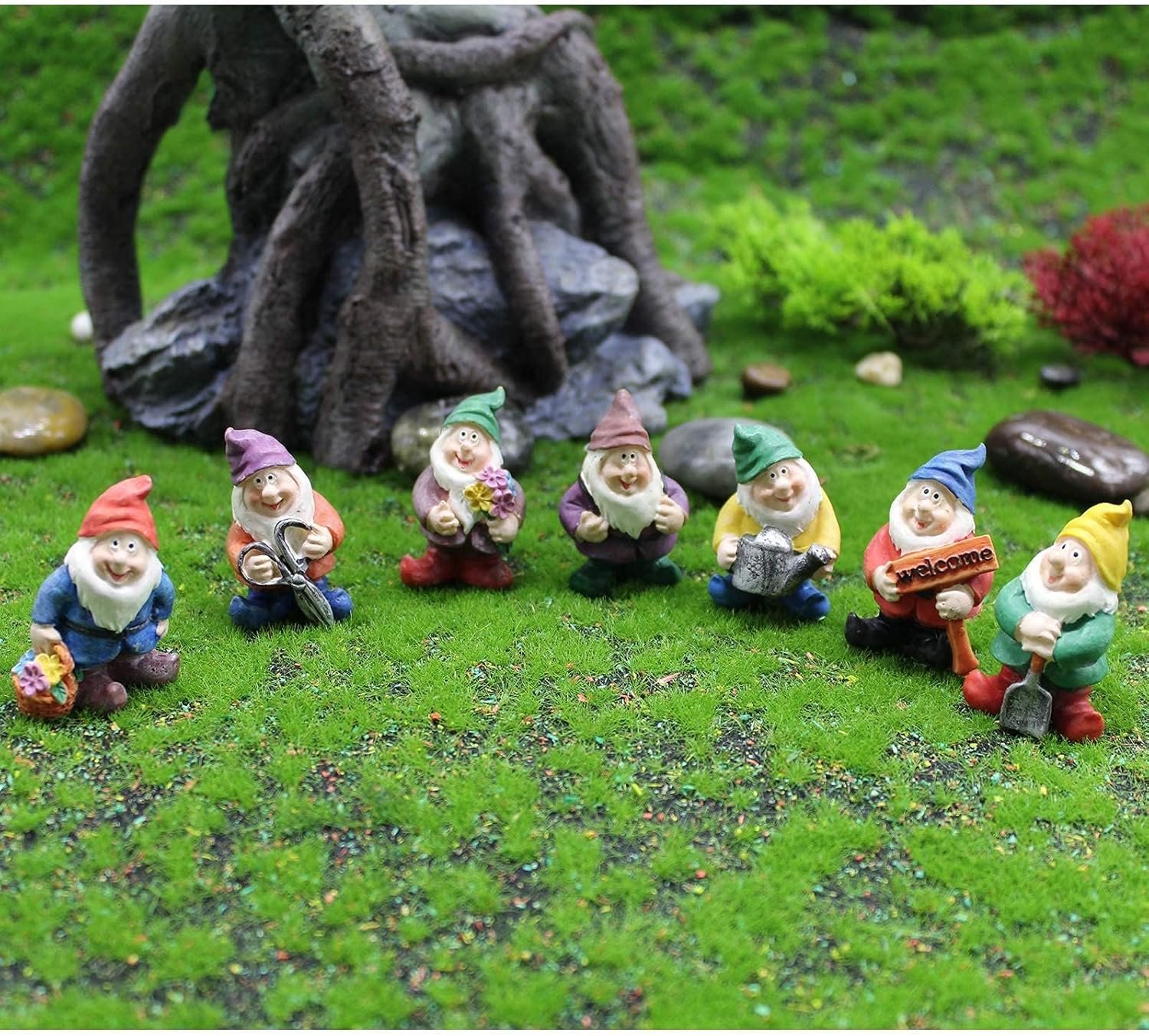 Fairy Garden Accessories 7Pcs Mini Gnome Resin Figurines Set Colorful Decor | Hand-painted resin,7difference poses funny mini gnomes statue- for fairy garden, succulents, dollhouse, home decor
