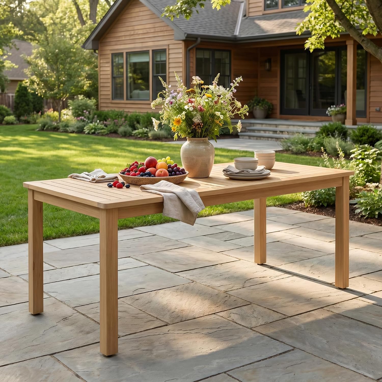 Wisteria Lane Acacia Outdoor Dining Table, 69″×32″ Patio Dining Table with Umbrella Hole, All-Weather Solid Wood Outdoor Patio Table for Deck, Garden, Poolside, Lawn