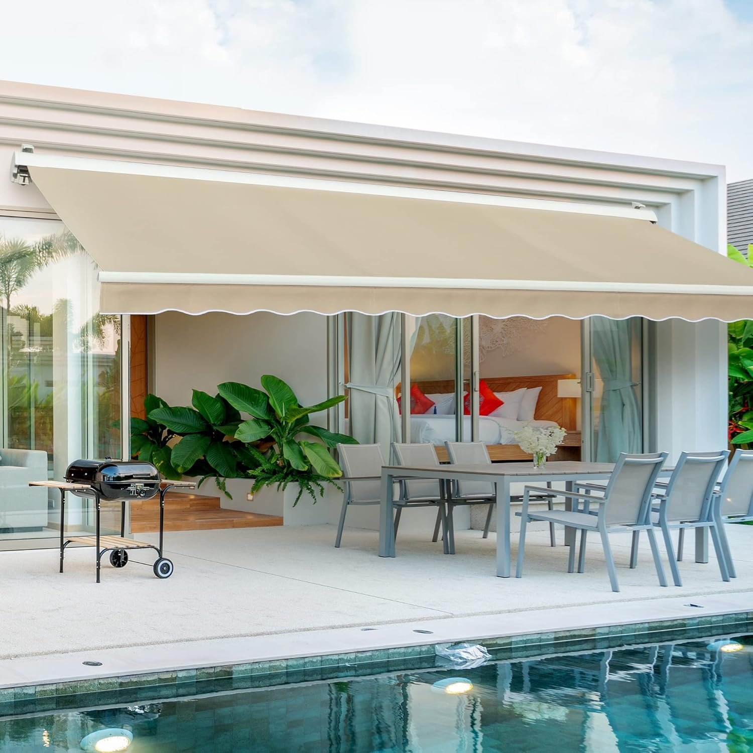 Diensweek 15’x10′ Patio Awning Retractable, Fully Assembled Motorized Electric Commercial Grade – Quality 100% Dope-Dyed Acrylic Window Door Sunshade Shelter – Deck Canopy Balcony (15’x10′, Beige)