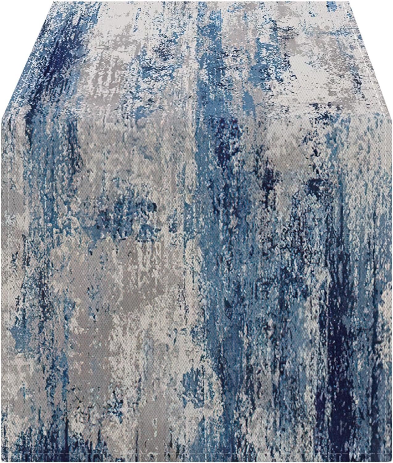 OYIMUA Soft Thick Waterproof Chenille Blue Table Runner 72 Inches Long Boho Abstract Spring Summer Rustic Dining Table Decorations for Home Indoor Outdoor