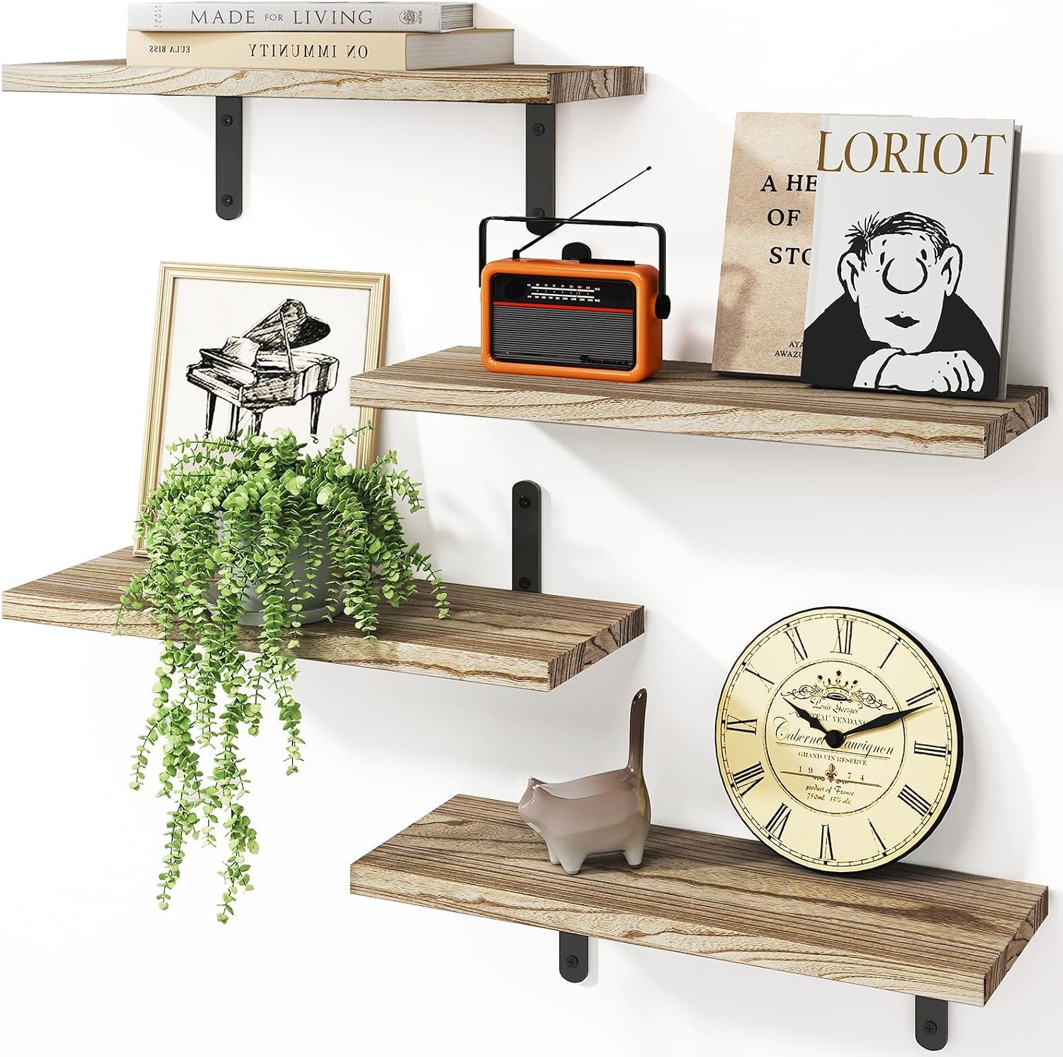 Fixwal Wall Floating Shelves for Room Decor, 4 Sets Floating Shelves for Wall Storage, Wood Wall Mounted Shelf for Bedroom Decor, Bathroom Storage, Book Shelf for Wall-Rustic Brown