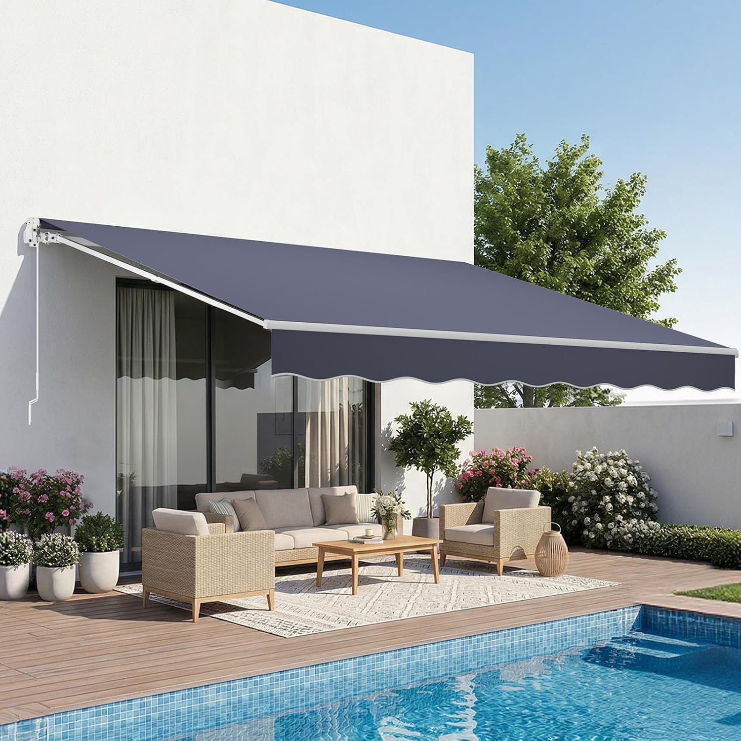 VEVOR Manual Retractable Awning, 13.1′ x 9.8′ Outdoor Patio Awning Retractable Sun Shade, Patio Door Window Water-Resistant Polyester Sunshade Shelter with Crank Handle for Deck, Balcony, Yard, Gray