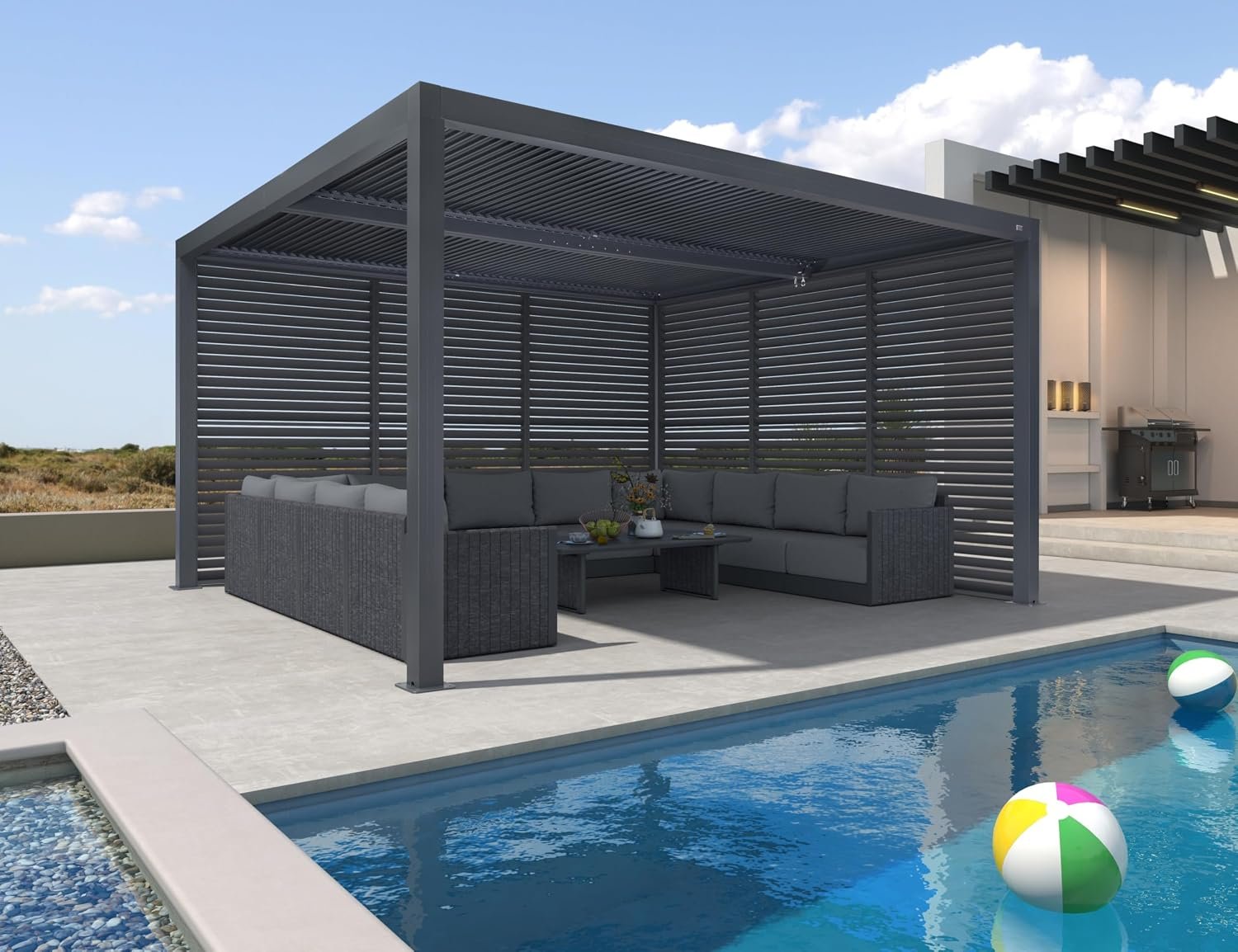 PURPLE LEAF Louvered Pergola 12′ x 14′ 94AS w/ 1L1W Side Shutter Wall Grey | Rainproof System, Two Adjustable Roofs, 53Mph Wind, Zero-Rust, Plus Privacy Shutters For Private Retreat, 4 Adjustable Roofs