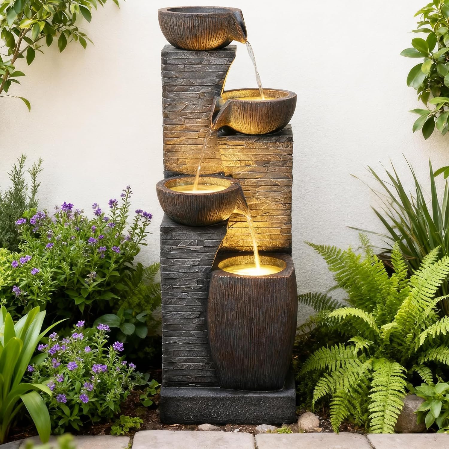 38.2″ Tall Water Fountain Outdoor Garden,4 Tiers Modern Cascading Bowls and Stacked Stones Indoor Fountains with LED Lights for Garden, Patio, Deck, Porch, Backyard and Home Art Decor(Grey)