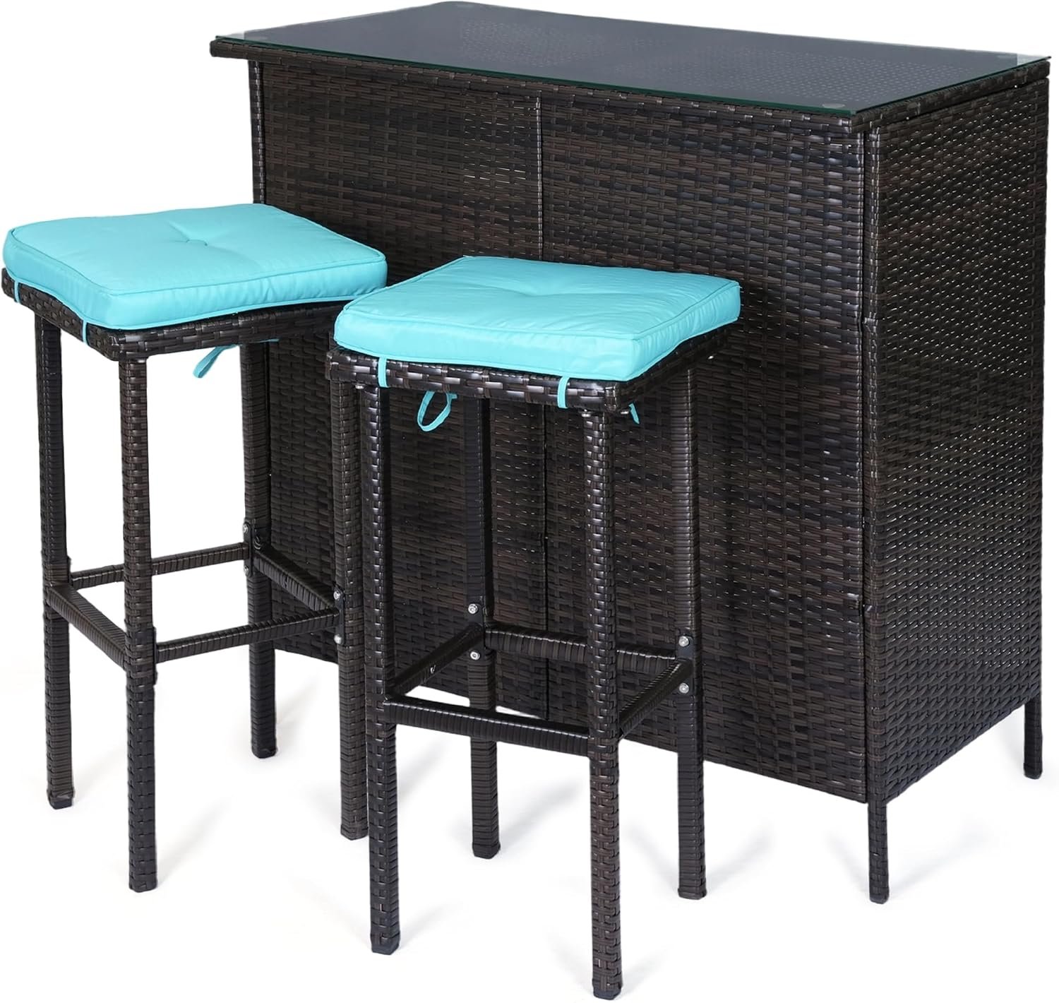 3 Piece Patio Bar Set,Patio Wicker Bar Furniture with 2 Storage Shelves, Glass Top Table, Cushions and Two Stools,Outside Bars for Patio Entertainment, Blue