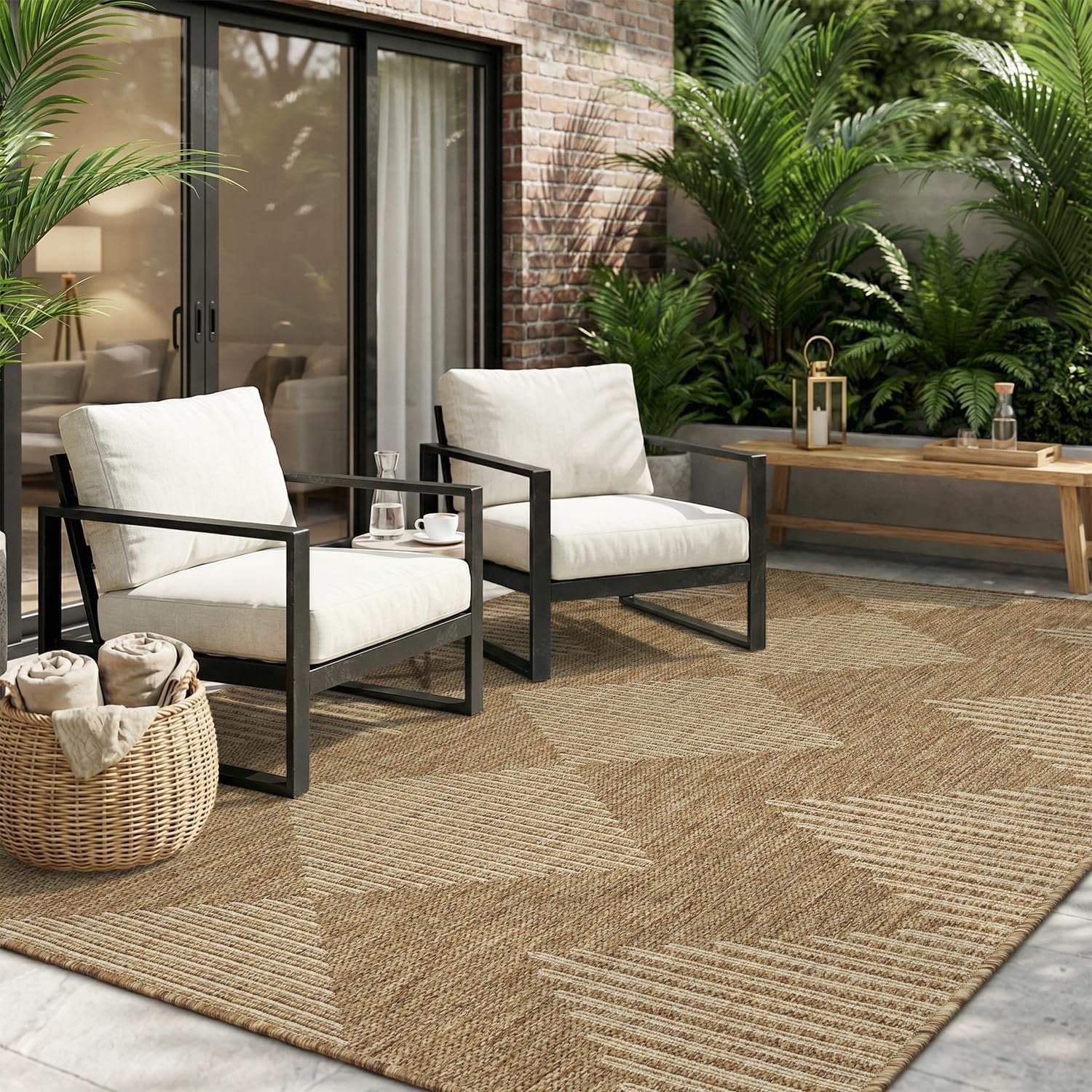 MontVoo-Outdoor Rug Carpet Patio Rug 5×7 ft Polypropylene Indoor Outdoor Rugs for Patio Deck Balcony Porch, Textured Weave, Durable for High Traffic, Fade-Resistant, Boho Geometric Neutral Brown