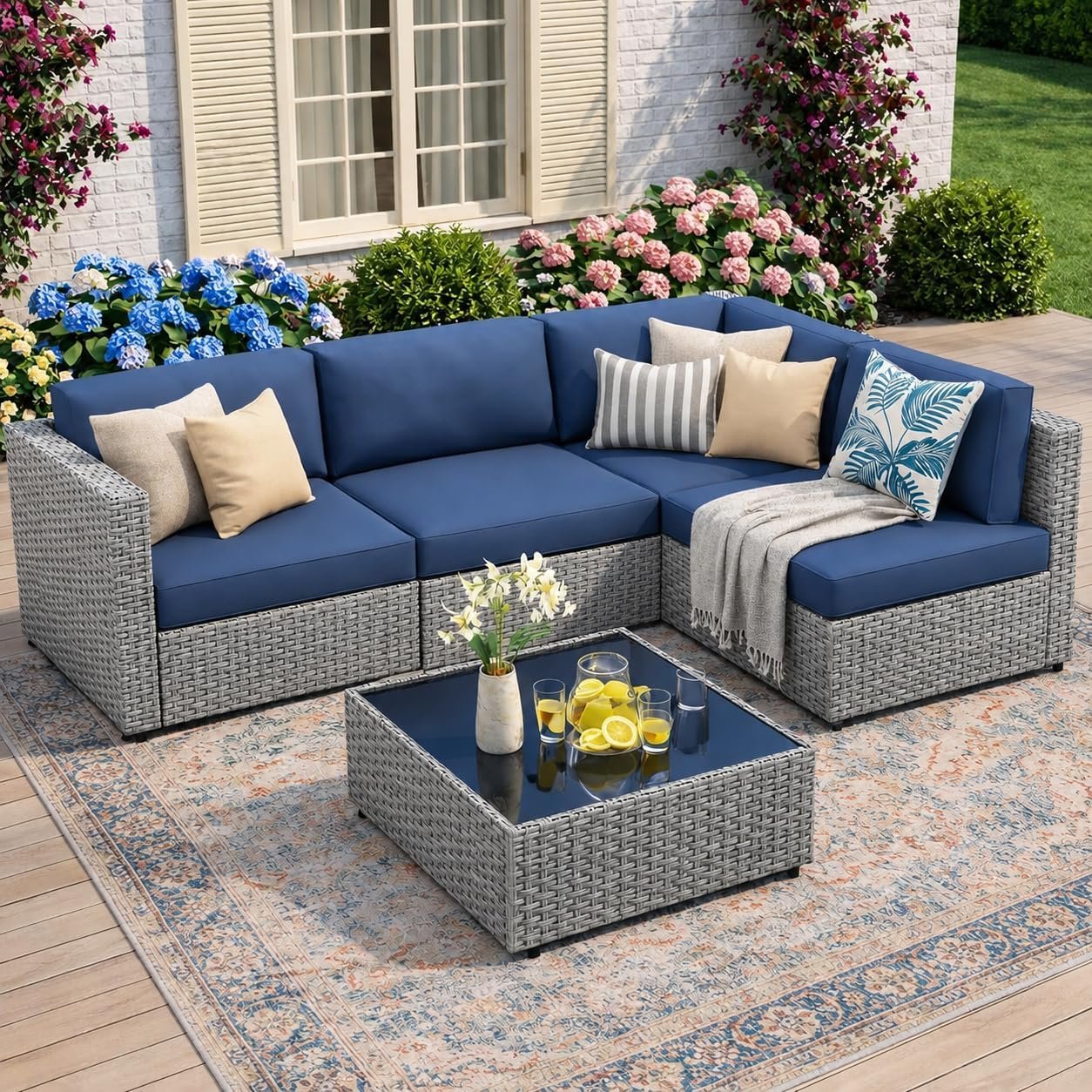 JAMFLY 5-Piece Patio Furniture Set, All-Weather Wicker Outdoor Sectional Sofa with Soft Cushions, Modular Conversation Set for Backyard, Deck, Garden & Poolside(Aegean Blue Cushion)