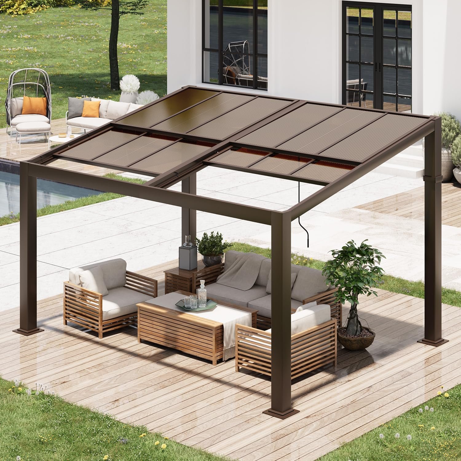 10’x13‘ Outdoor Pergola | Adjustable Polycarbonate Roofs, All Aluminum Frame,Freestanding, Wall Mounted,Lean to,Dark Brown,for Patio,Backyard,Deck