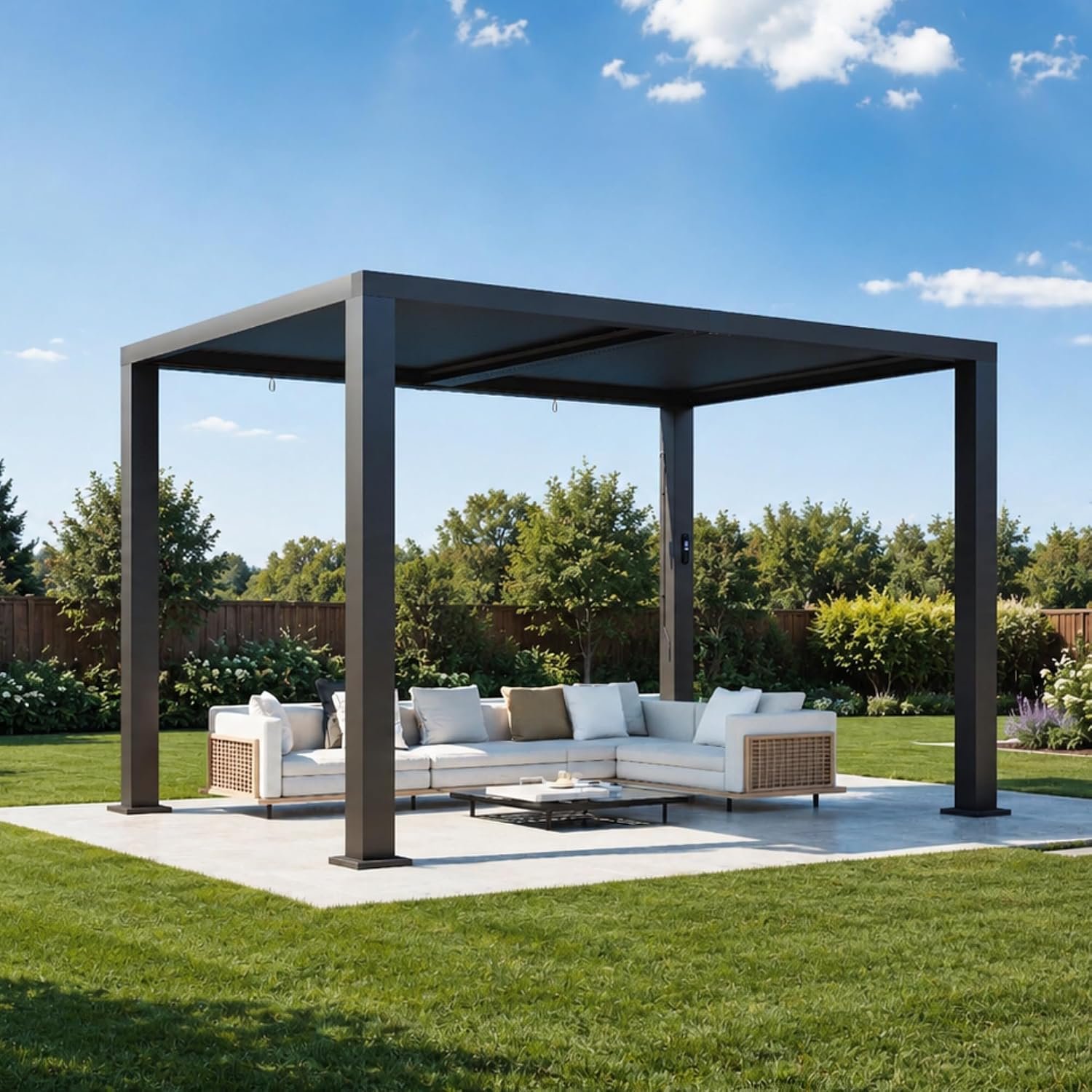 Aoxun Motorized Louvered Pergola 9′ x 12′, Electric Retractable Outdoor Pergola with 2 Independent Adjustable Roofs, Built-in LED Lights, Fan & Power Strip, Rust-Resistant Frame for Patio & Backyard