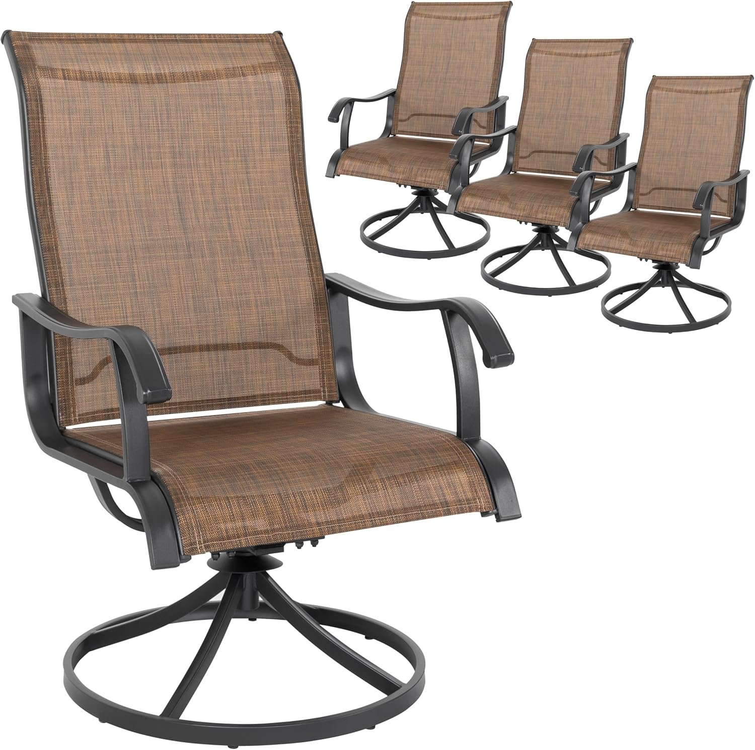 NUU GARDEN Patio Dining Chairs Set of 4, Swivel Patio Sling Chairs All-Weather Textilene Outdoor Swivel Rocker Dining Chairs with Metal Frame and High Back for Lawn Backyard, Brown