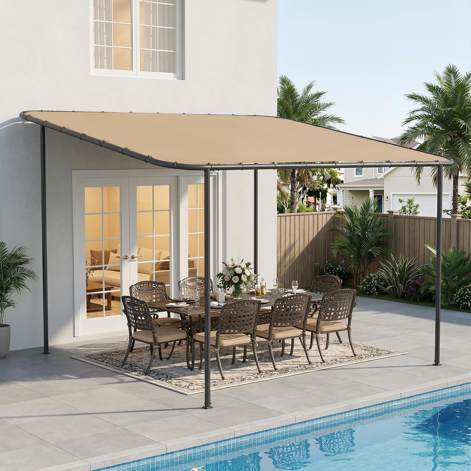 12’x10′ Lean to Gazebo Pergola with 3 Types Ground Nails, Khaki | Large Wall-Mounted Galvanized Steel Frame Shelter w/Weatherproof Canopy, Outdoor Sloped Roof Awning for Patio Deck Backyard
