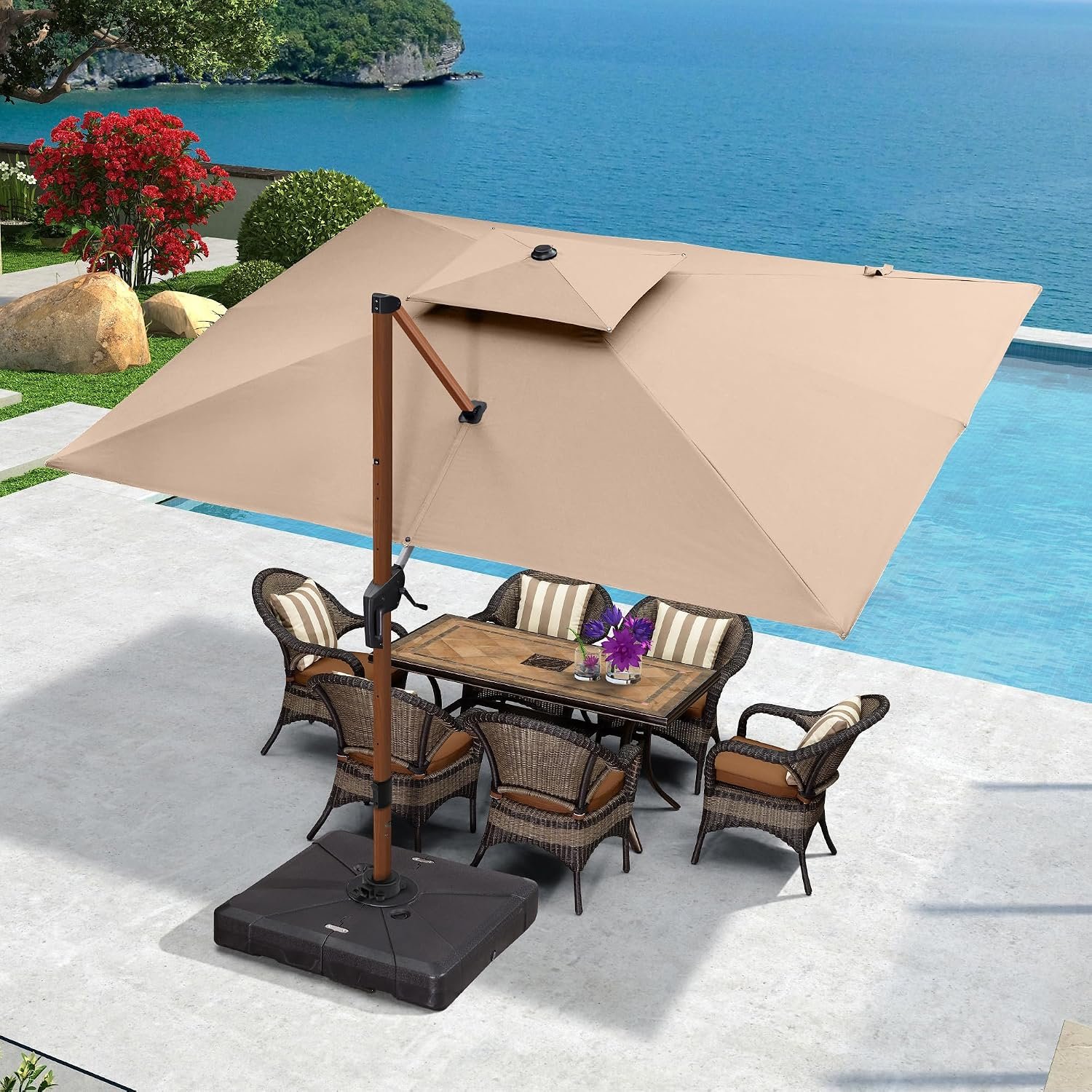 PURPLE LEAF Cantilever Umbrella 9′ X 12′ Wood-Grain Finish, Beige | Braced frame holds firm, 240GSM fade-resistant fabric, UPF 50+ Protection, Long-lasting aluminum, Base needed for stability