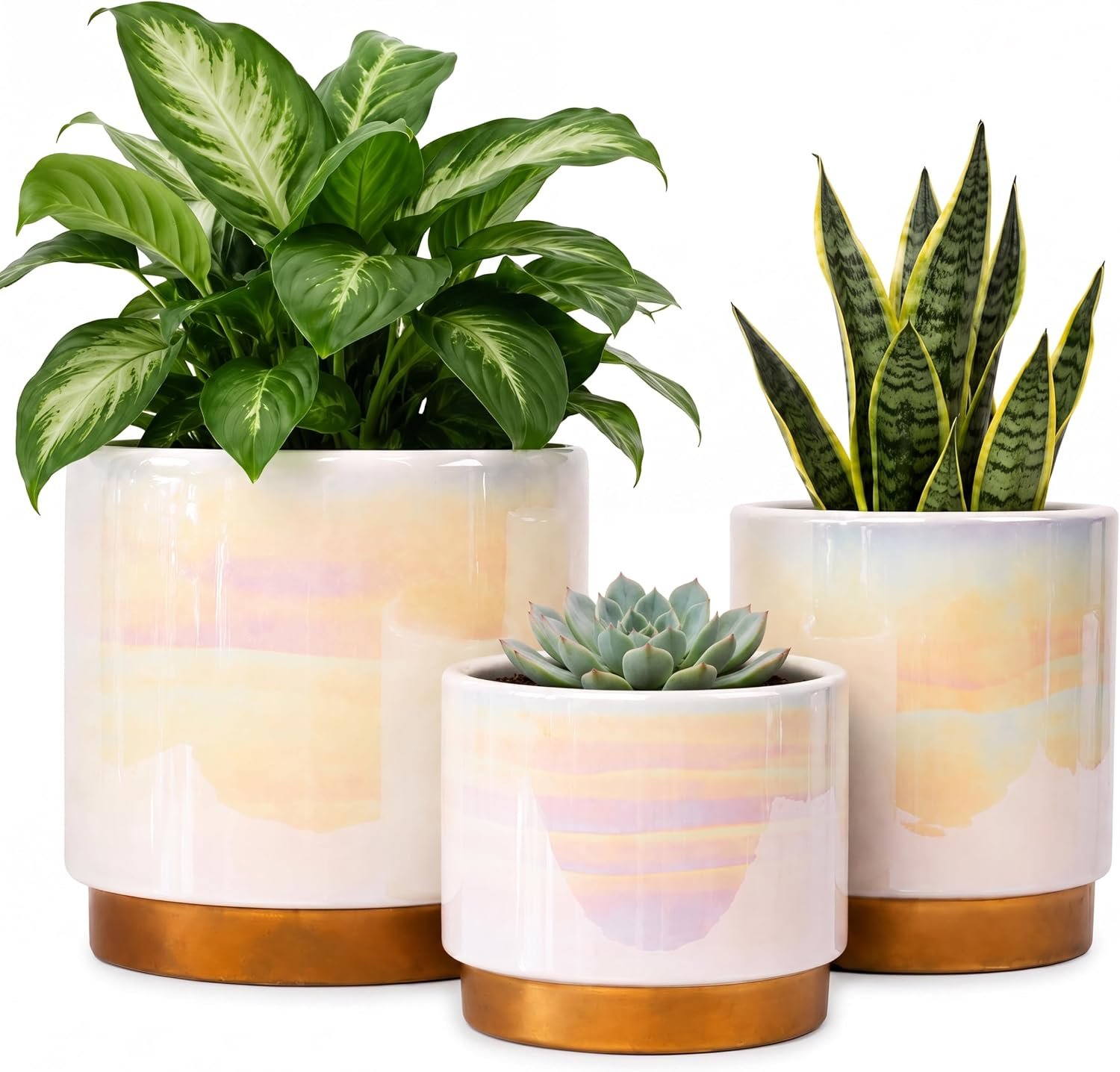 Gepege White Indoor Pots for Plants, Ceramic Planter with Drainage Hole, 6.0 inch+5.0 Inch+4.0 Inch. Succulent Orchid Flower Pot – Rainbow Pearl Glaze