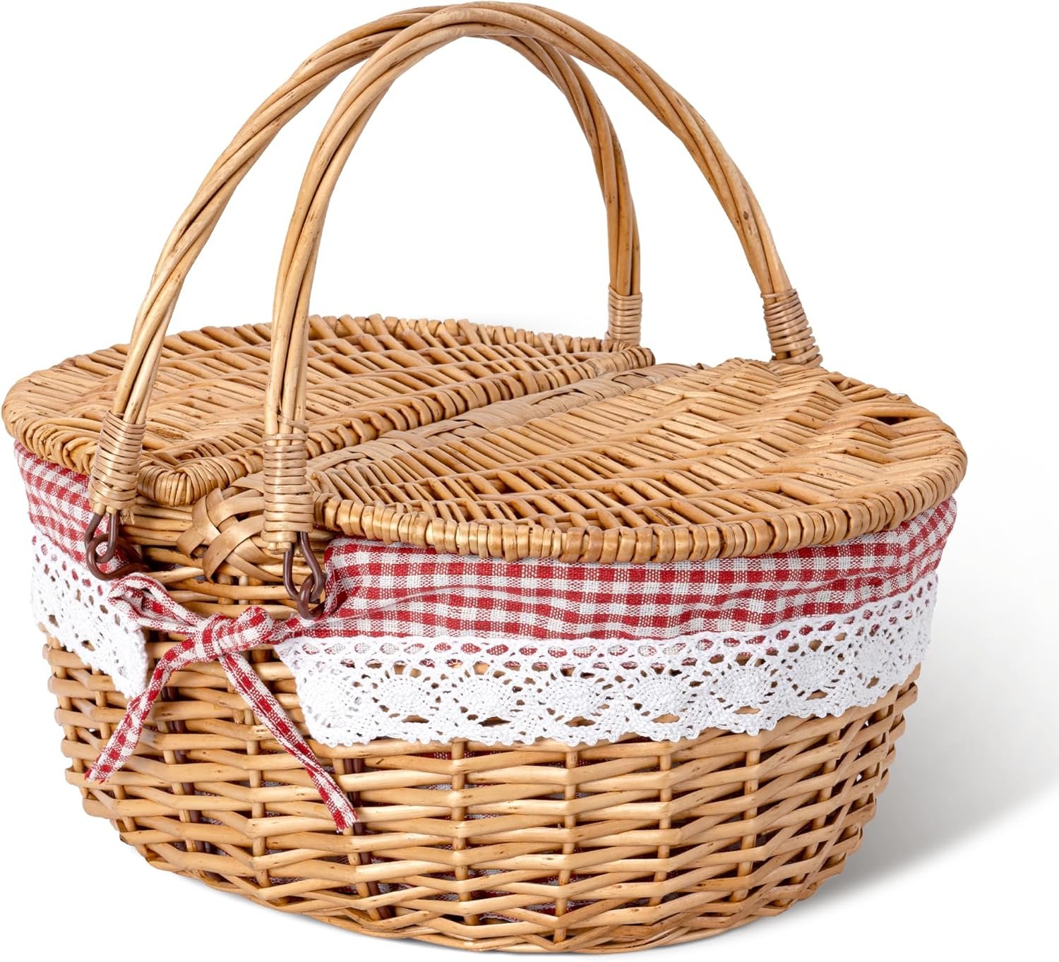 GRANNY SAYS Picnic Basket, Wicker Basket with Lid, Woven Cute Basket with Handle, Storage Basket with Washable Lining & Dual-Flid Lid, Natural Willow Picnic Hamper, Red Lining