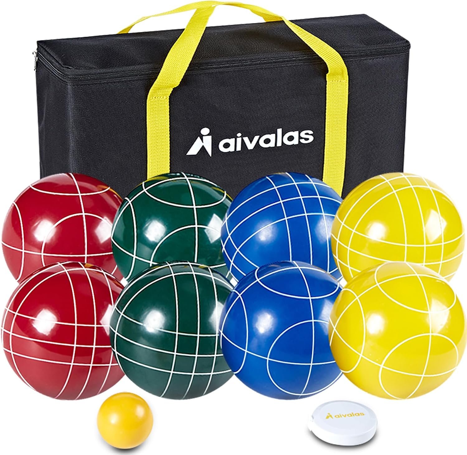 Aivalas Bocce Ball Set, 107mm Outdoor Bocci Game with 8 Resin Balls, Pallino for Backyard Lawn Beach, Outdoor Yard Party Games for Family Kids Teens Beginners (2-8 Players)