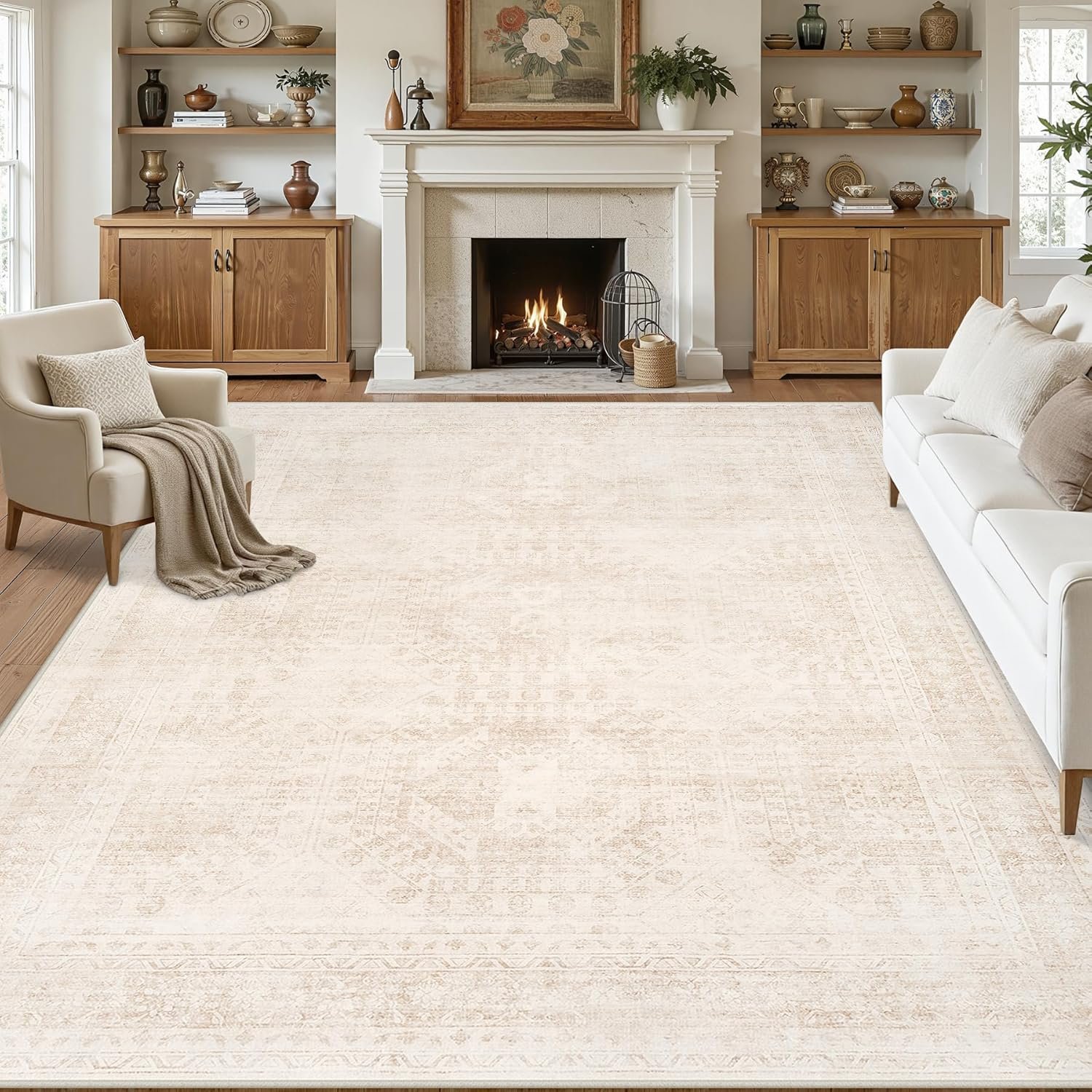 8×10 Area Rugs Living Room: Bedroom Neutral Washable Carpet Beige | Large Vintage Boho Indoor Decor Carpets Soft Nursery Farmhouse Dining Room Office Floor Non-Slip Low Pile Under Table Rug