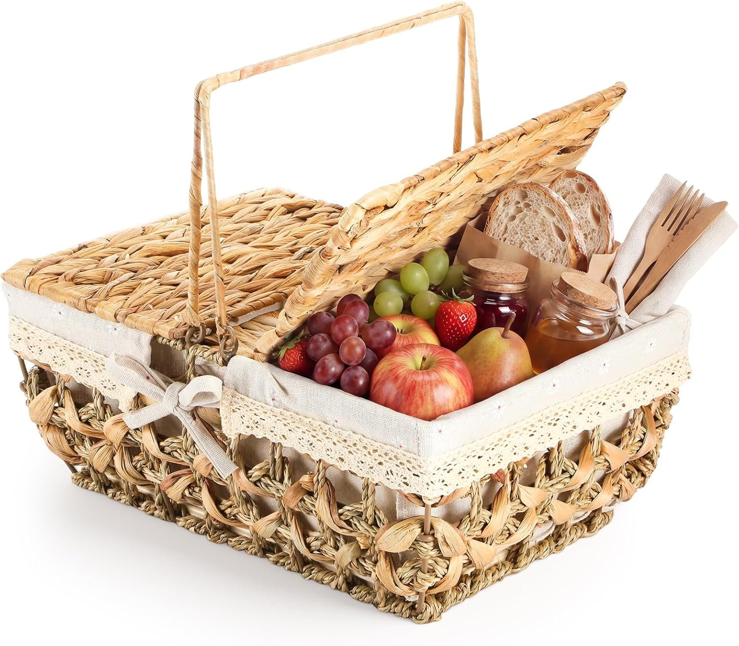 LemonRoad Wicker Picnic Basket with Handle & Lid, 14″ Water Hyacinth & Seagrass Hand Woven Basket with Removable Liner for Picnics, Camping, Garden Harvest & Veg Picking(Water Hyacinth)
