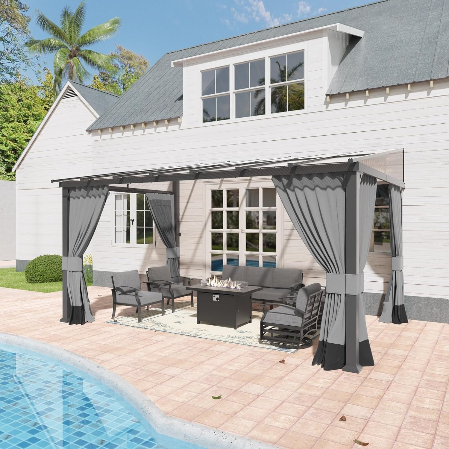 10’ x 14’ Gazebo for Patio,Wall Mounted Gazebo with Sloping Polycarbonate Roof,Aluminum Frame Outdoor pelgole w/Netting & Curtain for Garden,Backyard,Grey