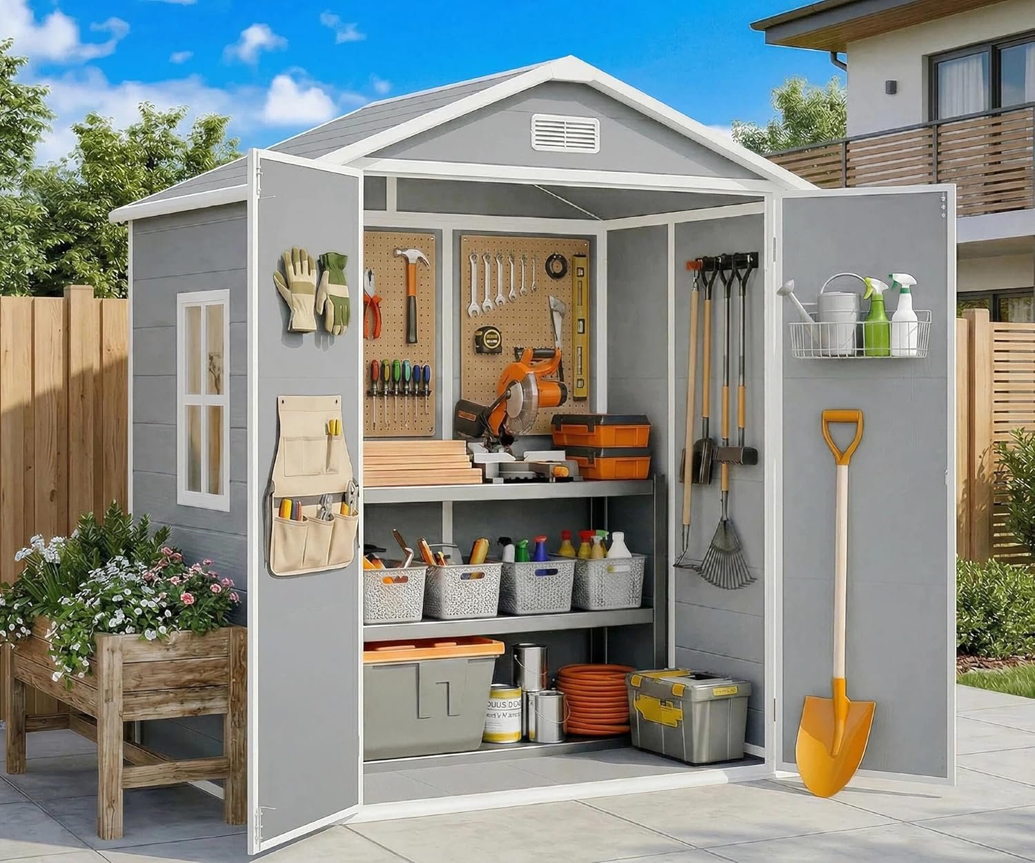 Gizoon 6×4.4 FT Resin Storage Shed with Floor, Outdoor Plastic Shed, Grey | All-Weather Plastic Garden Tool Shed with Floor, Windows & Lockable Doors, For Backyard, Patio & Outdoor Equipment