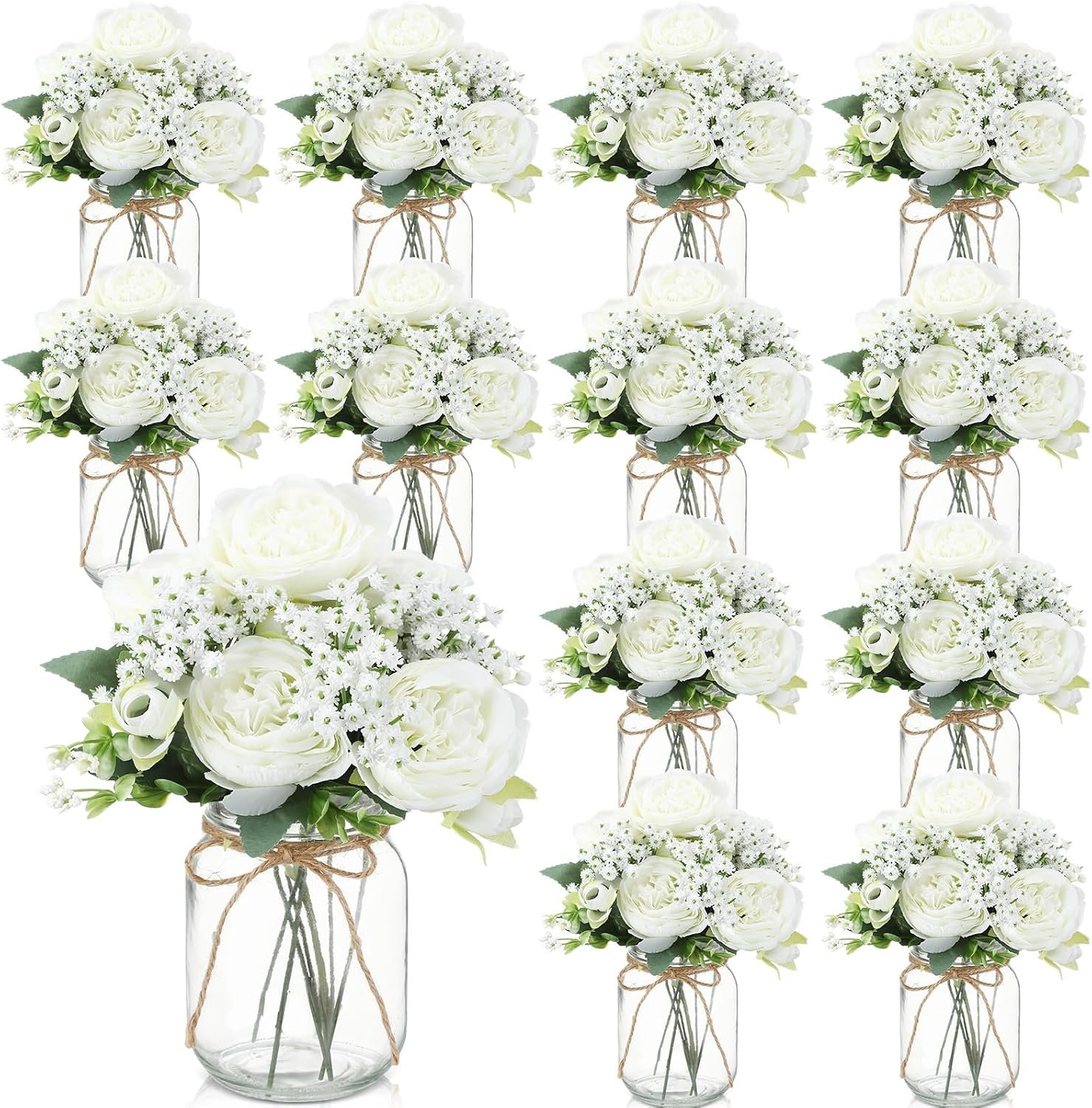 Zeyune 12 Sets Mason Jar Centerpiece Table Decorations, Artificial Peony Baby’s Breath Flower Bouquets, Faux Flowers with Vase, Rustic Decor Gifts for Home, Wedding, Holiday (White)