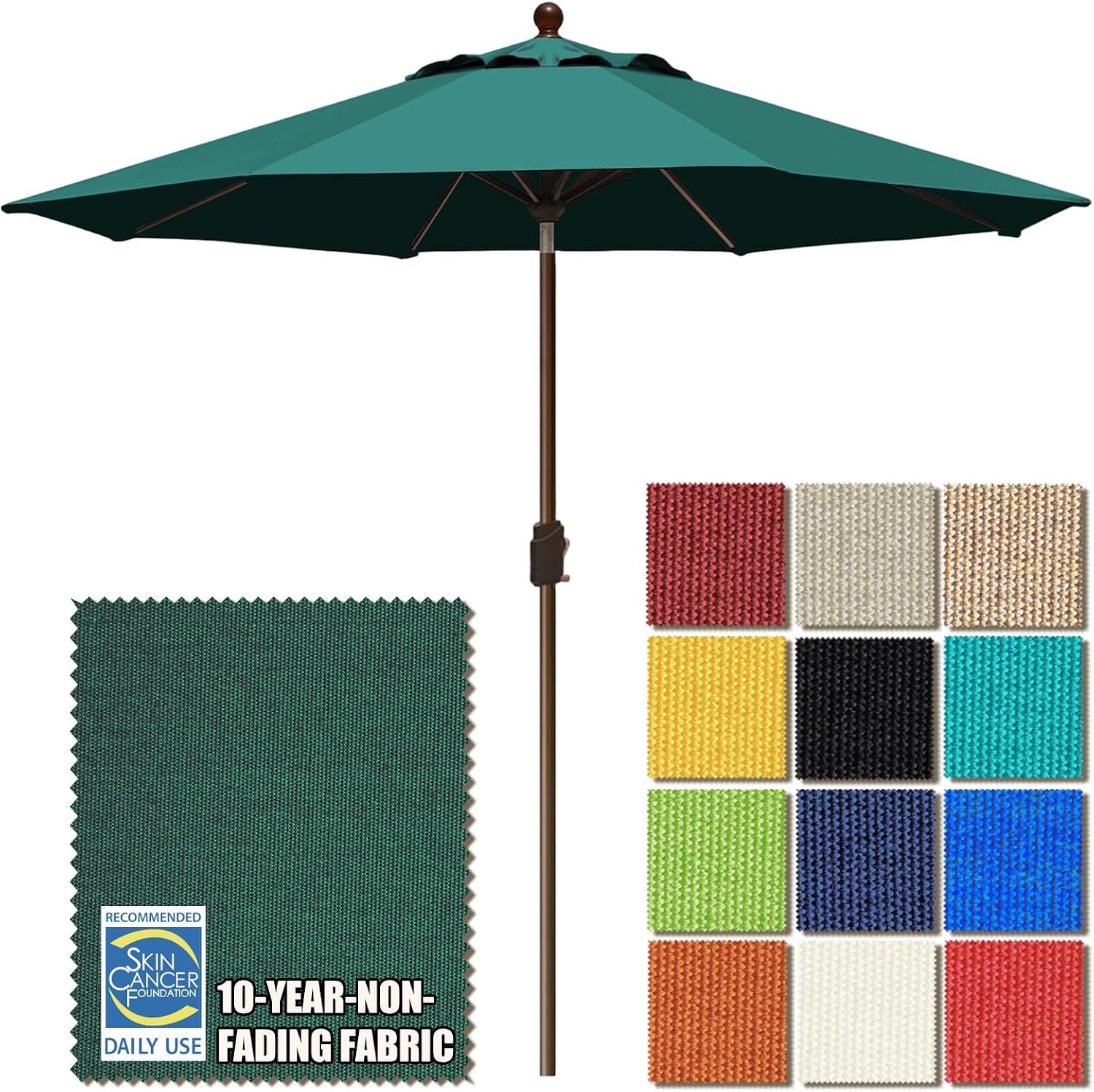 EliteShade USA 10-Year-Non-Fading 9Ft Market Patio Umbrella, UPF 50+ UV Protection Performance Sun Umbrella, Heavy Duty Commercial Grade Outdoor Table Umbrella with Crank & Tilt, Windproof Vented Top for Garden, Pool, Deck and Outdoor Playsets, Forest Green