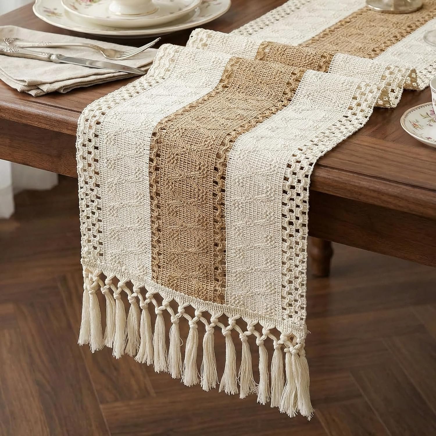 Burlap Boho Table Runner Macrame Brown 72in Farmhouse Woven Runner | Burlap Farmhouse Rustic Jute Macrame Woven Dining Table Runner for Bedroom Dresser Kitchen Home Decor(12x72Inches)