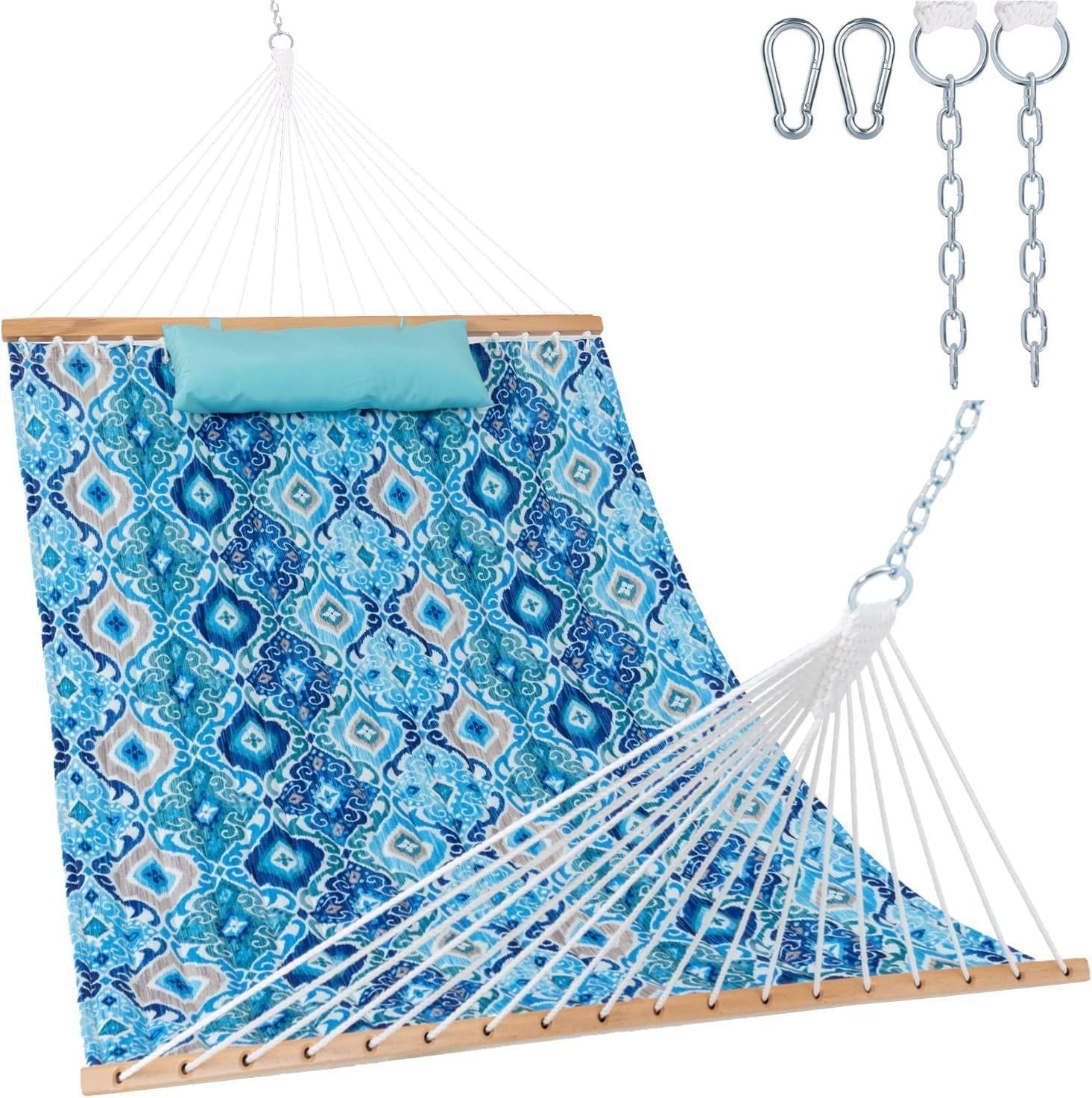 Lazy Daze Hammocks 12FT Quilted Fabric Hammock with Soft Pillow, Double 2 Person Tree Hammock with Spreader Bar for Outdoor Outside Patio Garden Yard Pool Beach, 450lbs Capacity