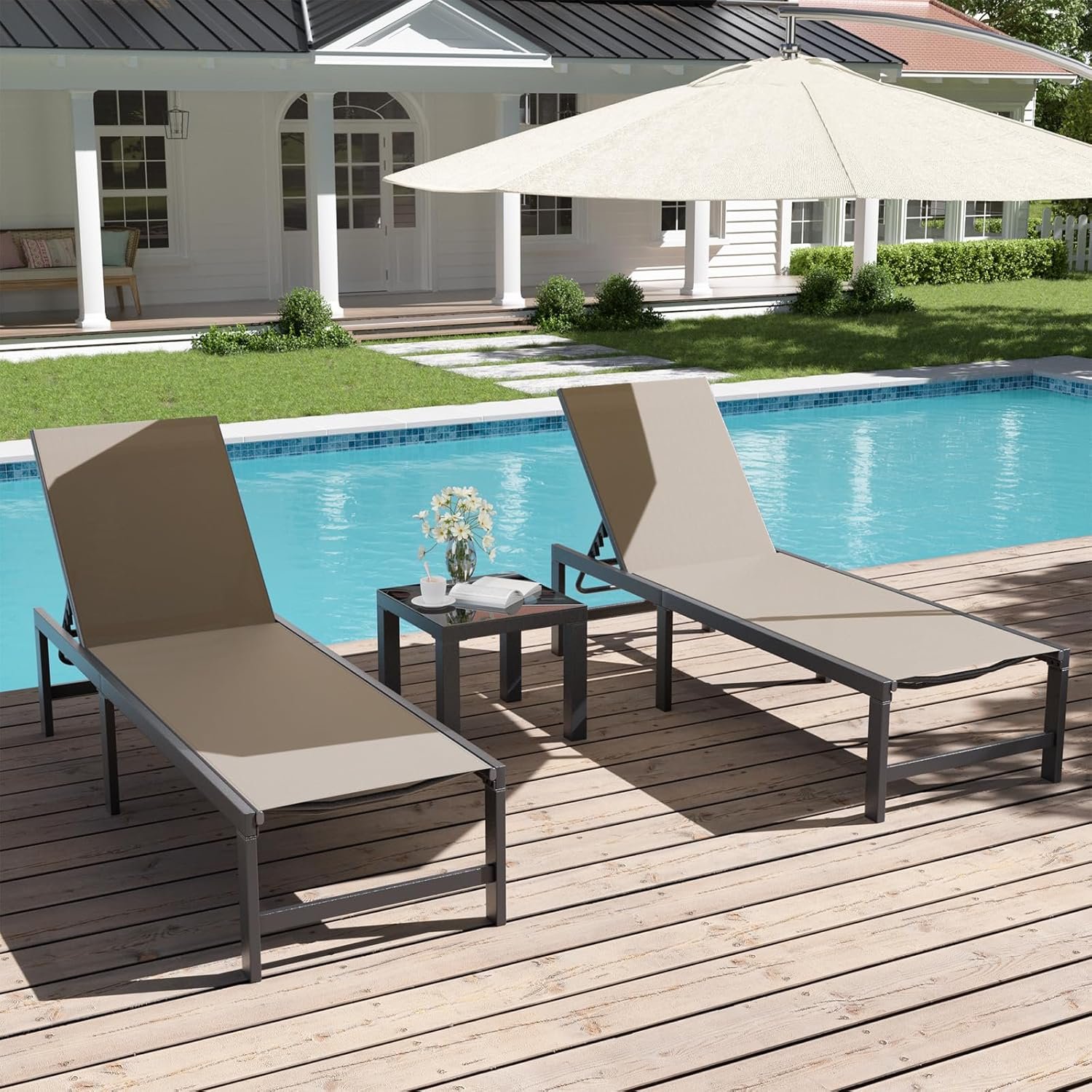UDPATIO Outdoor Chaise Chairs & Table 3 Pieces Pool Lounge Chair, Poolside Sunloungers Lay Flat Sunbathing Chaise with Adjustable Backrest for Patio, Beach, Yard, Pool