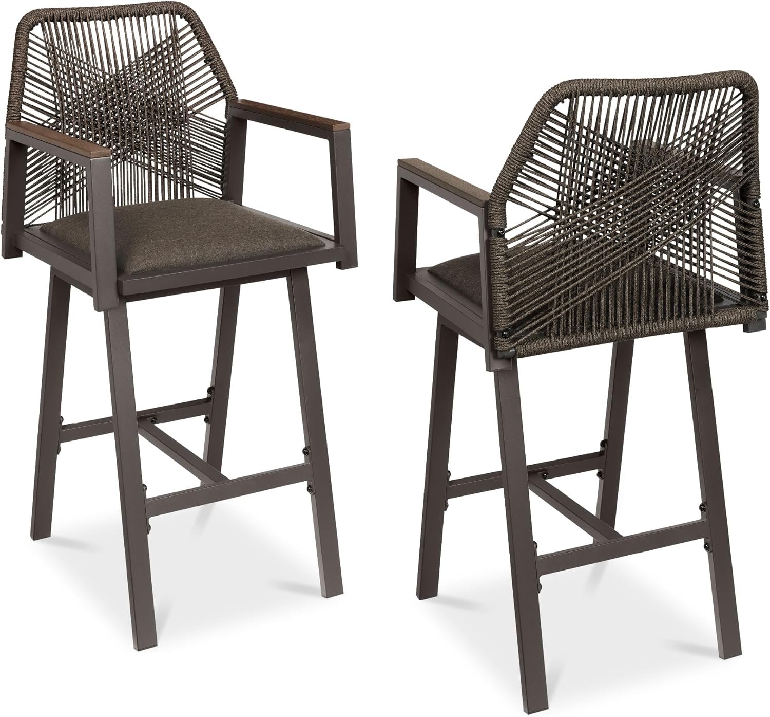Best Choice Products Outdoor Bar Stools Set of 2, Bar Height, 360° Swivel Aluminum Frame, All-Weather Woven Rope Chair Design w/Armrests – Brown/Mocha