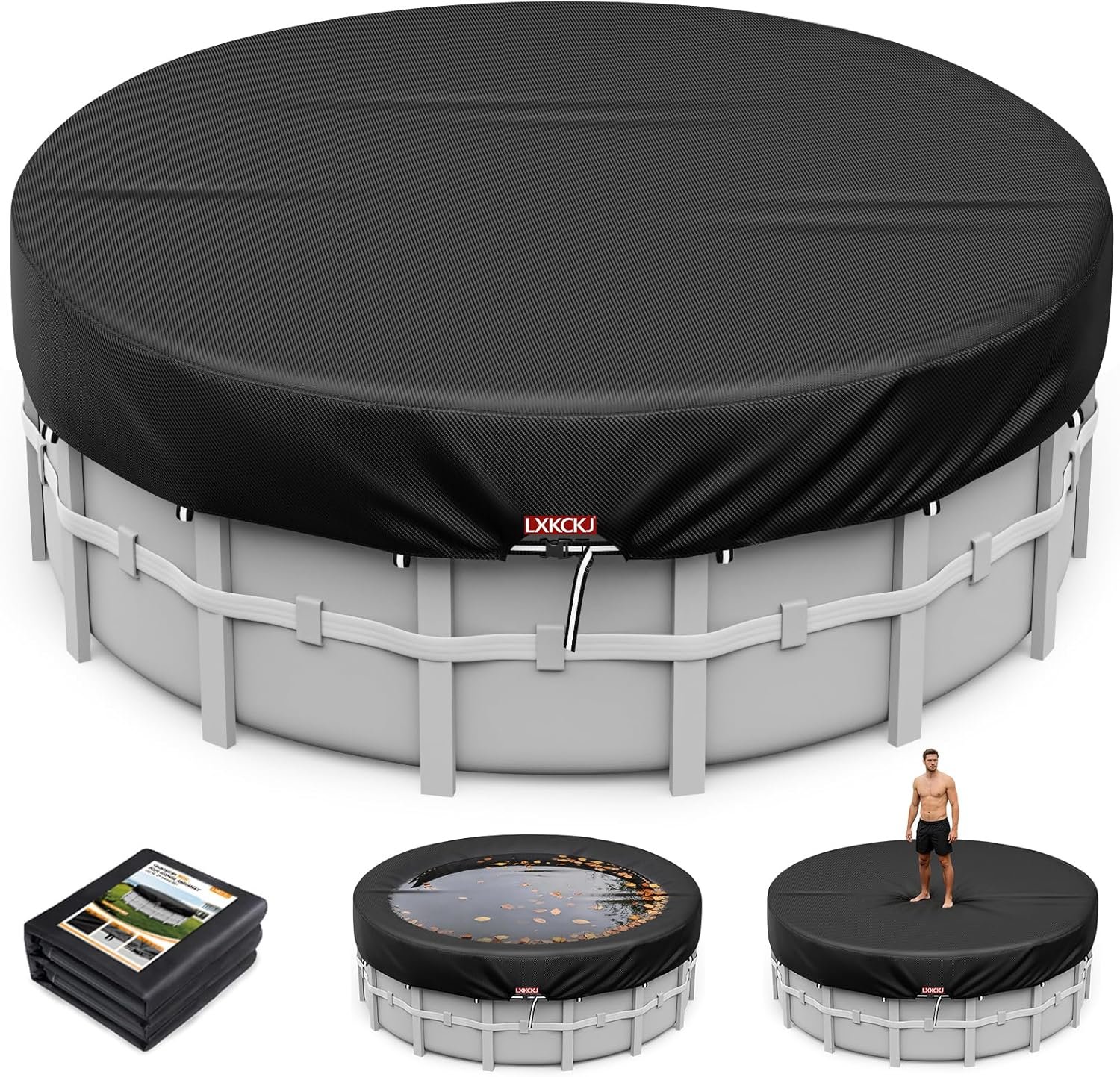 LXKCKJ 12 Ft Pool Cover for Above Ground Pool, Round 420D Solar Oxford Tarp | 100MPH Windproof with 2 Buckles and & Weight Rings, 634N Tear-Resistant, Waterproof 10000PA, UV Protection, Cuts Evaporation