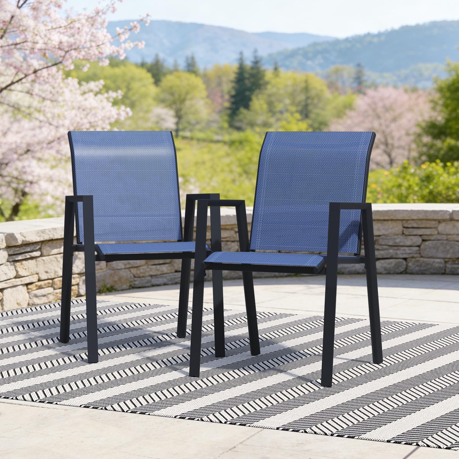 Outdoor Dining Chairs Set of 2, High-Back Stackable Patio Chairs with Metal Frame, Lightweight Sling Design, Ideal for Garden, Deck, Poolside, Blue