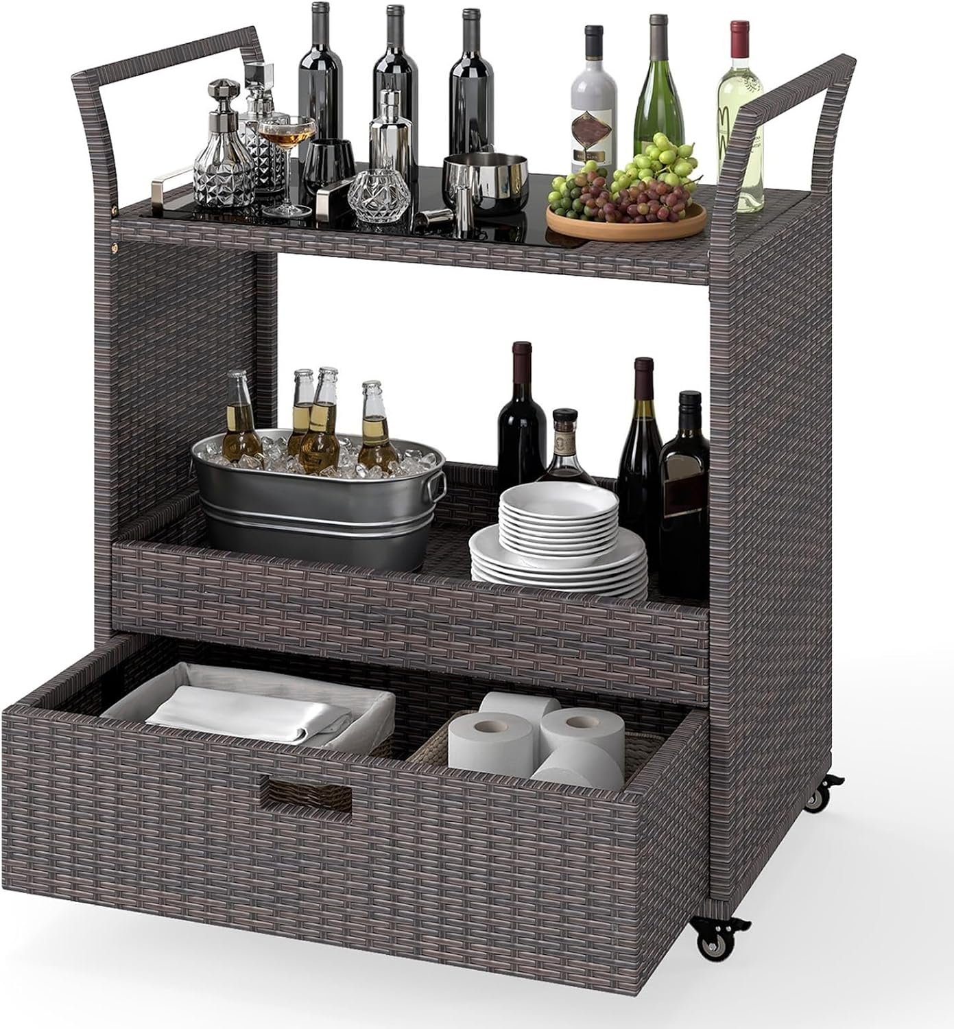 HAPPYGRILL Outdoor Bar Cart with Wheels, Rolling Wicker Serving Bar Cart with Tempered Glass Top, Storage Shelf & Removable Drawer, for Porch, Garden, Backyard, Poolside
