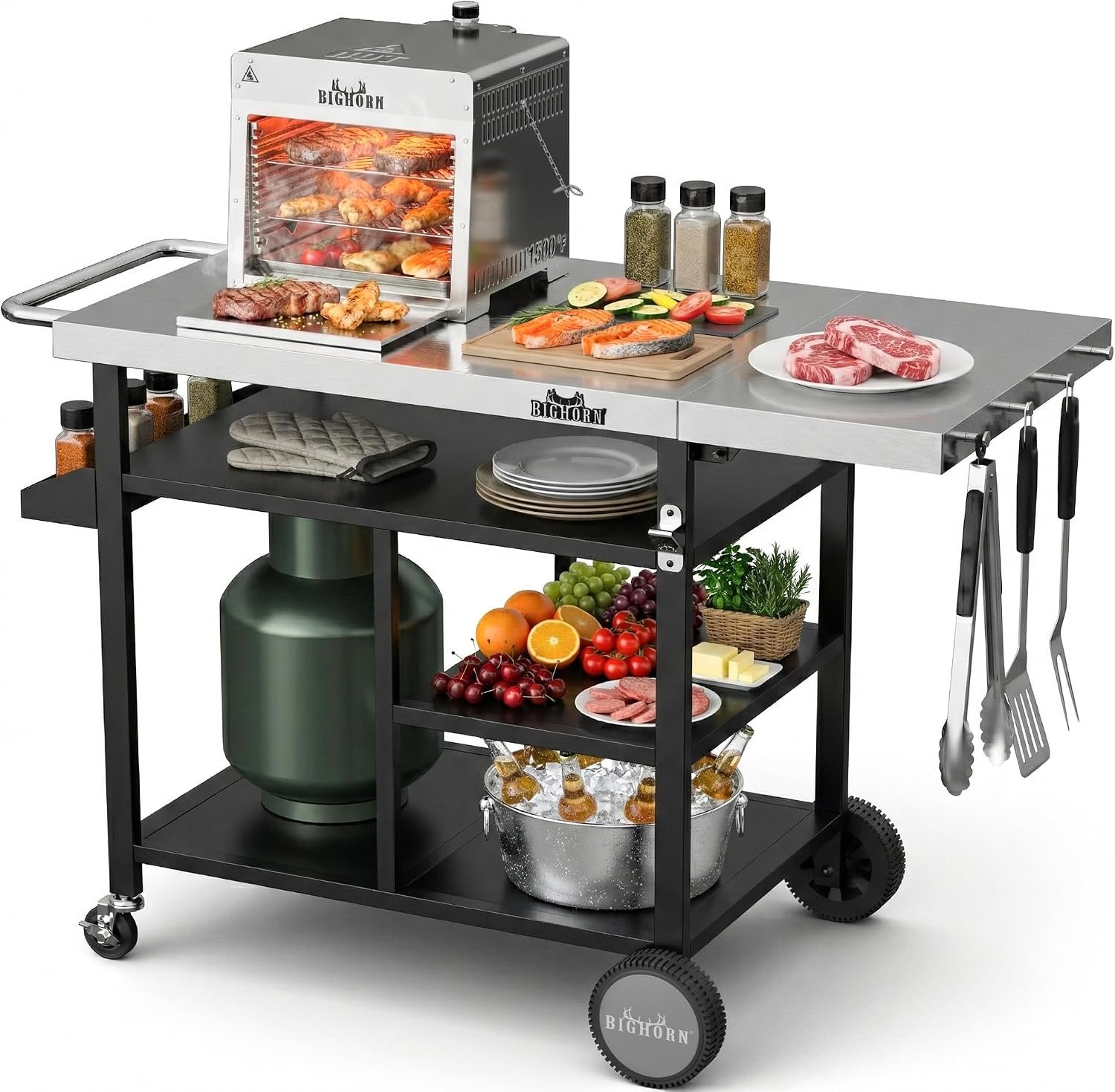 BIG HORN OUTDOORS Grill Cart, Stainless Steel Outdoor Grill Table for Infrared Grill, Pizza Oven Stand Compatible with Big Horn, Ninja, Ooni Pizza Ovens, Outdoor Cooking Table, 48.4″L x 24″W x 35.2″H