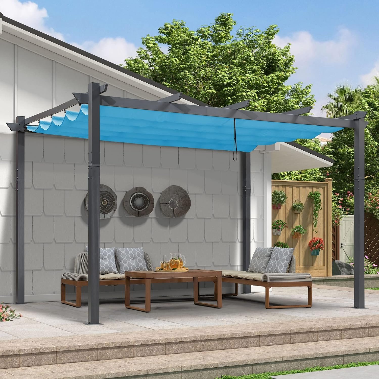 PURPLE LEAF Against Wall Pergola 9.5′ X 13′ Aluminum Canopy, Turquoise Blue | Sliding Canopy, Custom Shade, Quality Build, Lasting Use, Sliding Canopy, Shade Your Way, Thick Posts, Solid Support