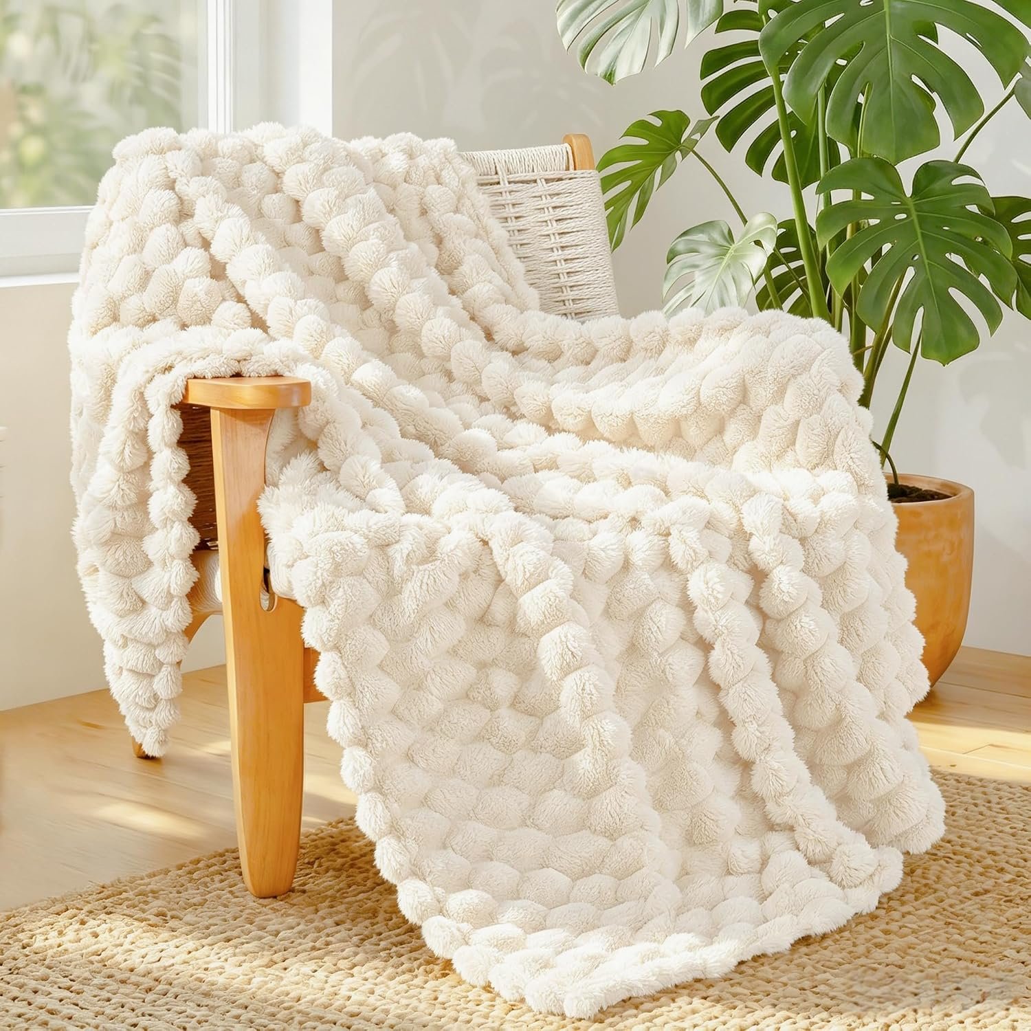 Whale Flotilla Soft 3D Jacquard Fleece Throw Blanket for Couch & Bed, Ivory | Super Cozy Lightweight Plush Fluffy Throw, Luxury Decorative All‑Season Couch Cover Blanket for Sofa & Office Chair, 50″x60″