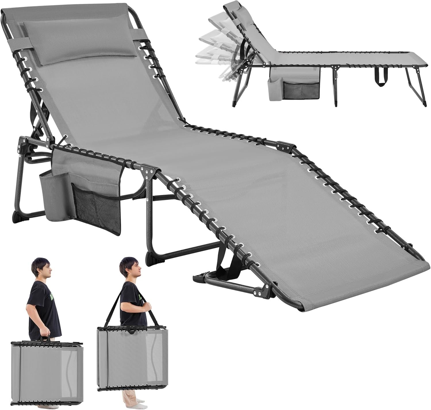 Yaheetech 26.4″ Outdoor Folding Tanning Chair 5-Position Adjustable, Gray | Waterproof Texteline fabric, 300lb weight capacity, side storage pocket for beach patio backyard outdoor use